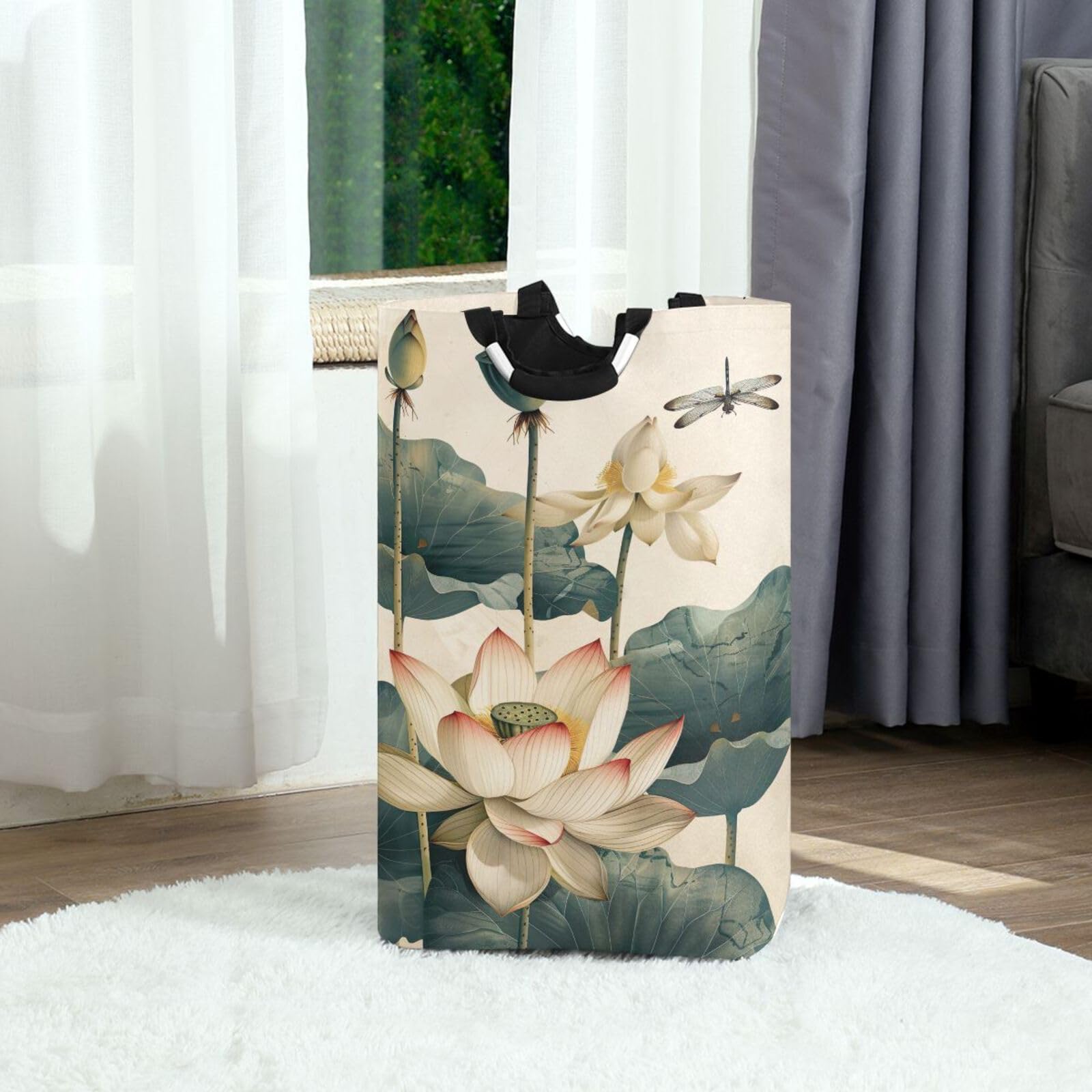 Jihqo Laundry Hamper Basket Pond Lotus Flowers Collapsible Nursery Storage Bin Waterproof Clothing Baskets for Home Bedroom Bathroom Washing Room