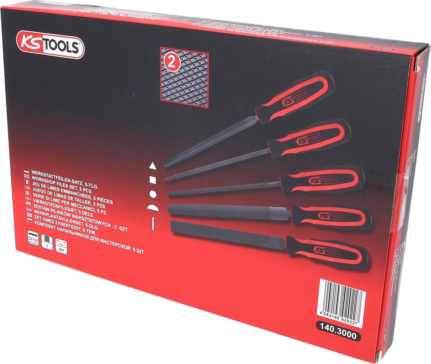 KS Tools - 140.3000 - Jeu de 5 limes emmanchées demi-douces plate, carrée, triangulaire, demi-ronde, ronde - Poignée bi-matière - Longueur 200mm