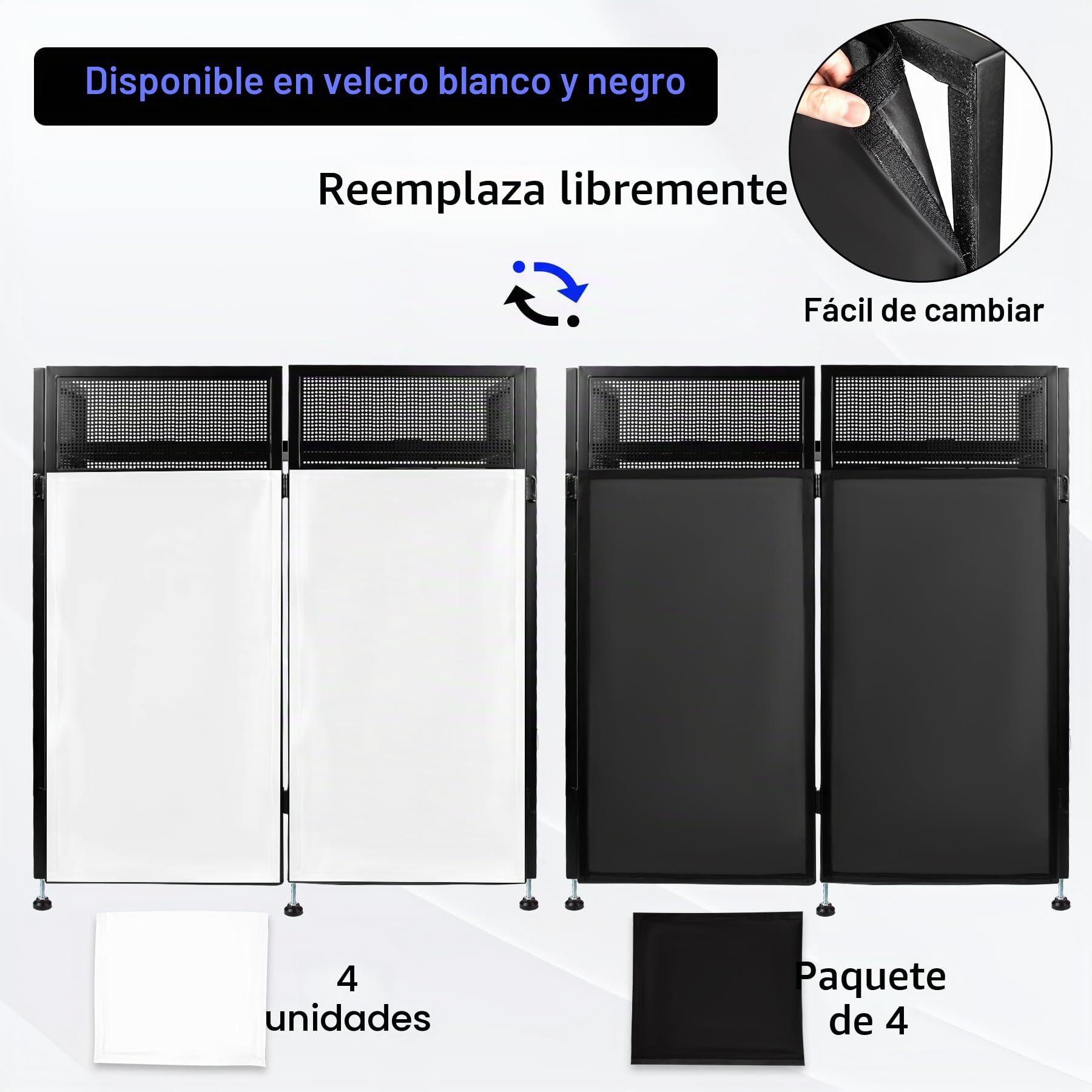 Neoaider Cabina de DJ portátil de 20 x 42 x 44 pulgadas, cabina de fachada de DJ con telas blancas y negras, soporte de mesa de DJ de altura ajustable de 4 pulgadas, marco de metal plegable para
