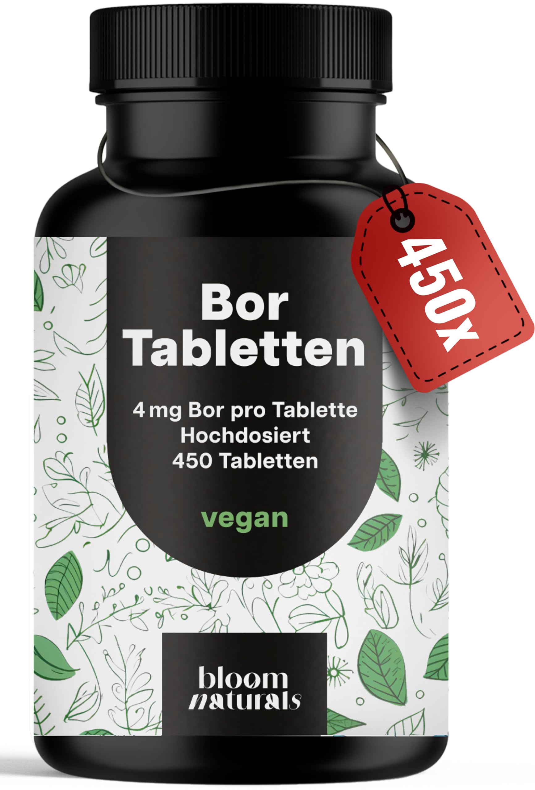 Bor Hochdosiert - 450 Tabletten mit 4mg Bor aus Borax (Natrium Borat) - Boron Tabletten - vegan und produziert in Deutschland - Verpackung kann variieren