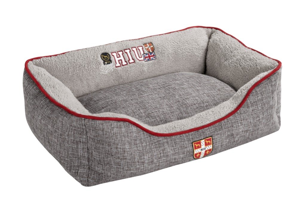 HUNTER Hundesofa UNIVERSITY, gemütliches Hundebett im College-Look, weiches Kuschelsofa mit Wendekissen, erhöhter Rand, Bezug waschbar, Farbe: grau, Größe: L