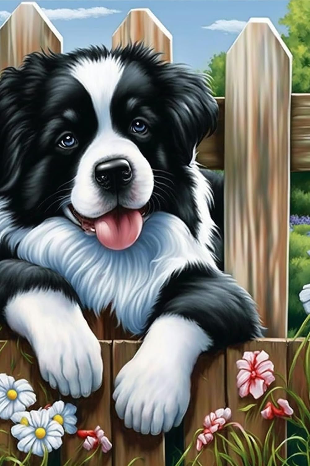 RMSGOZO Black & White Puppy Diamond Painting Kits, Farm Fence Diamond Painting Round Cross Stitch for Beginners Crystal Gems Paste Art, for Farm Decor & Wall Decor (20 X 20 Inch)