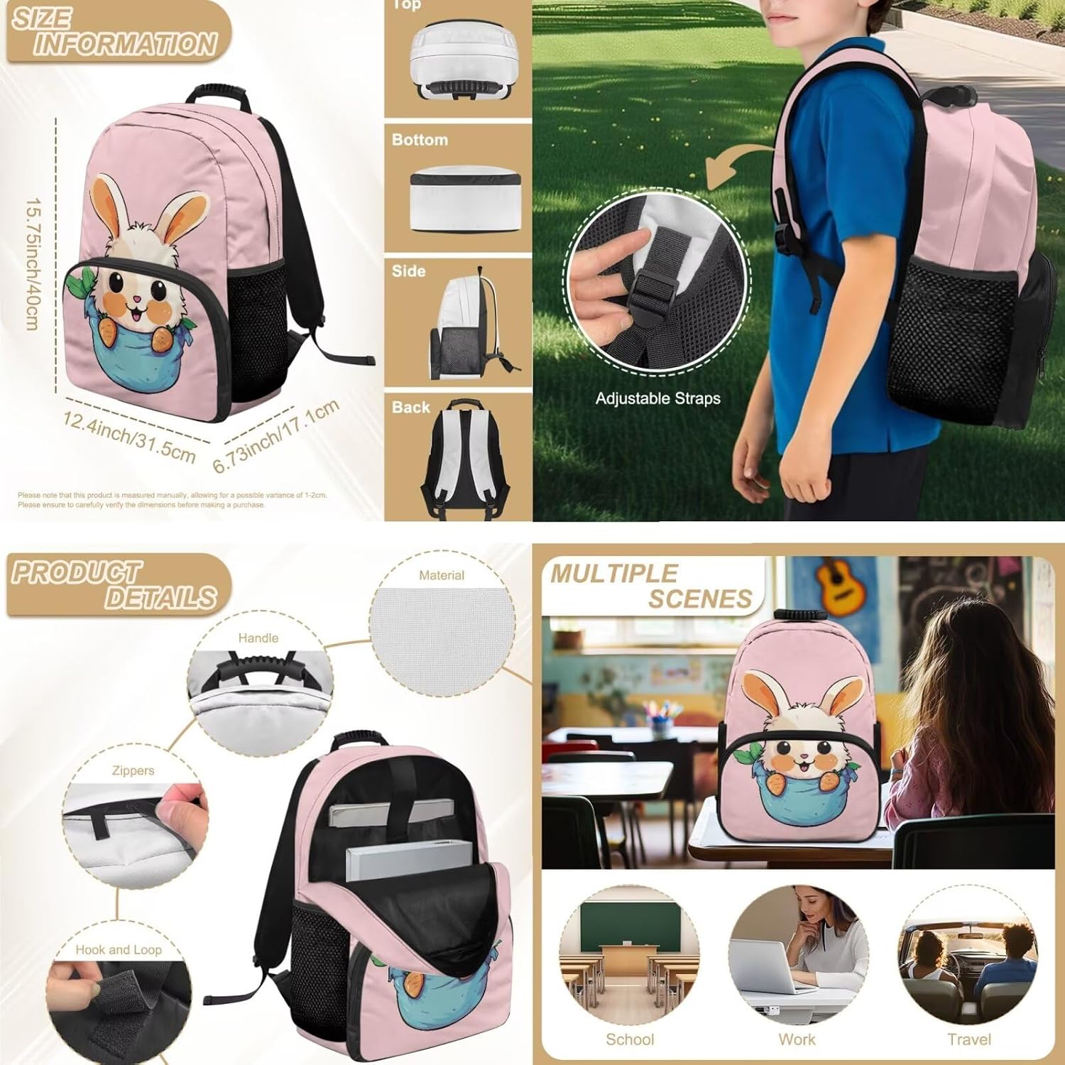 COEQINE Bunny Backpack For Girl School Cute Book Bag Key Chains For Girls With Lunch Box And Pencil Box Set For Toddler Mini Bookbag For Preschool Elementary Kindergarten Casual Rucksack 4 Pcs