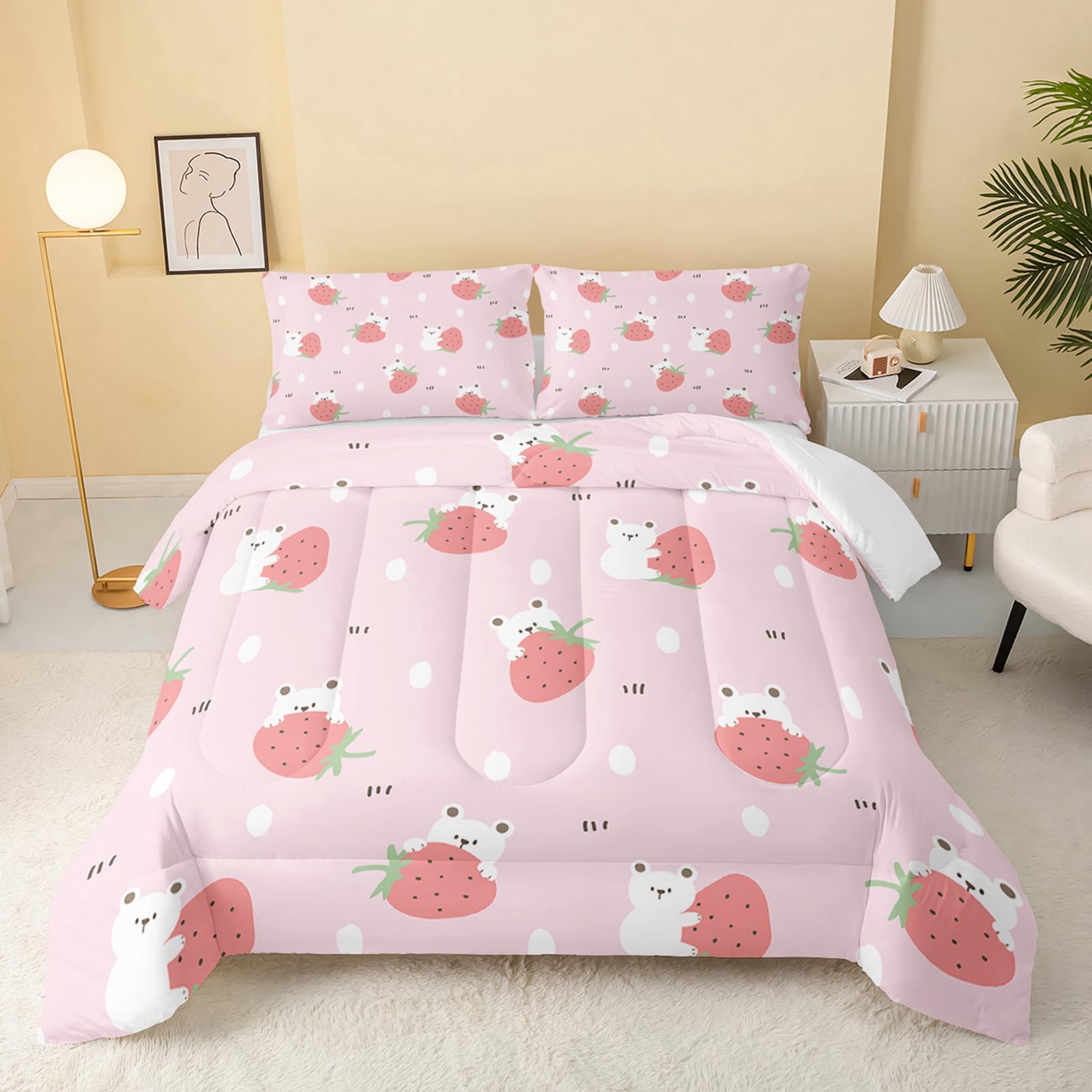 QOOMO Cartoon Bear Comforter Twin Size,Pink Strawberry Comforter Set for Kids Teens Girls,3Pcs Bedding Set Printed Comforter with 2 Pillowcases,Down Alternative,Soft and Lightweight(Pink,Twin Size)