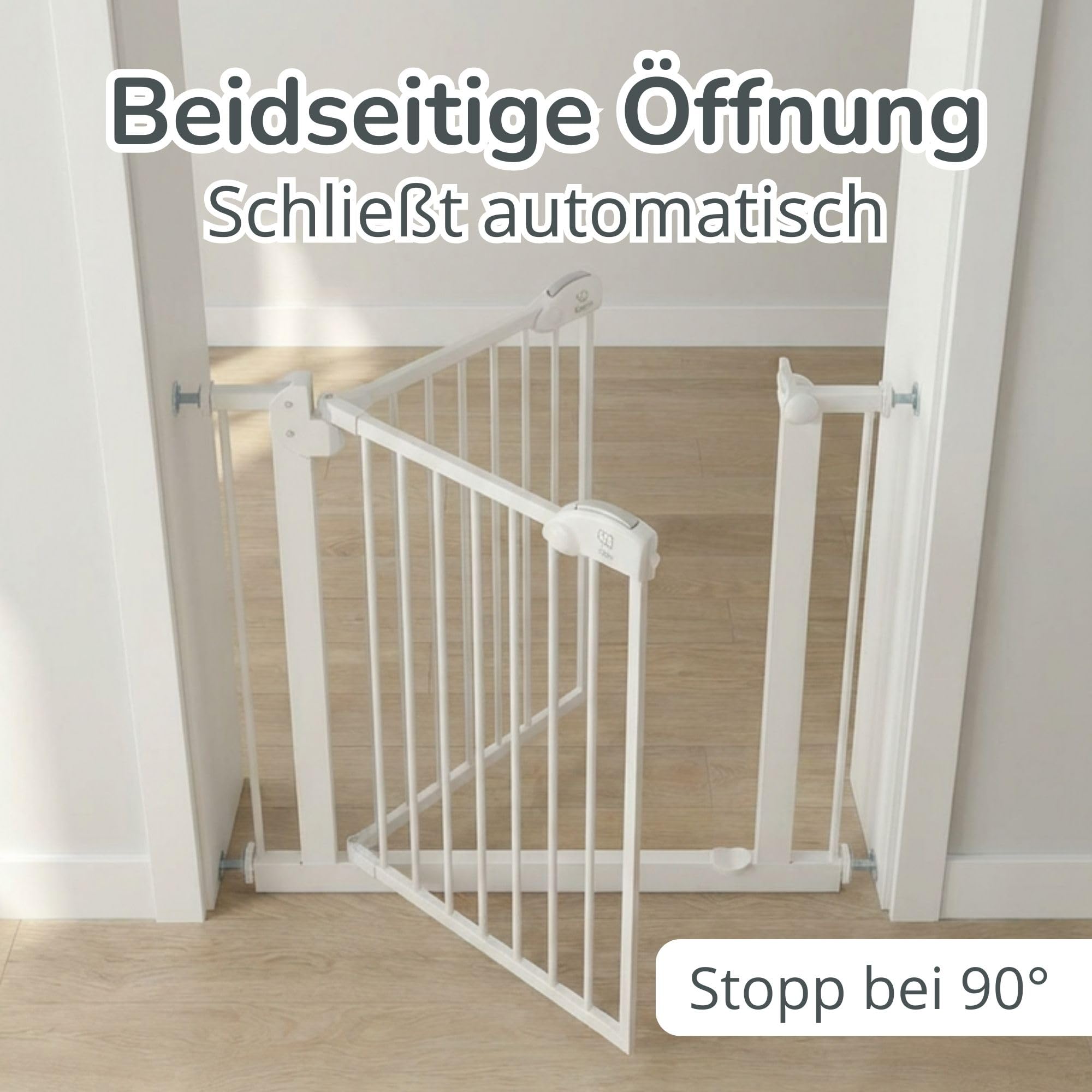Cleo Treppenschutzgitter ohne Bohren | Kinderschutzgitter Tür & Treppe 89-96 cm | Auto-Close | 3-Schritt-Sicherung | beidseitig öffnend | verlängerbar bis 165 cm