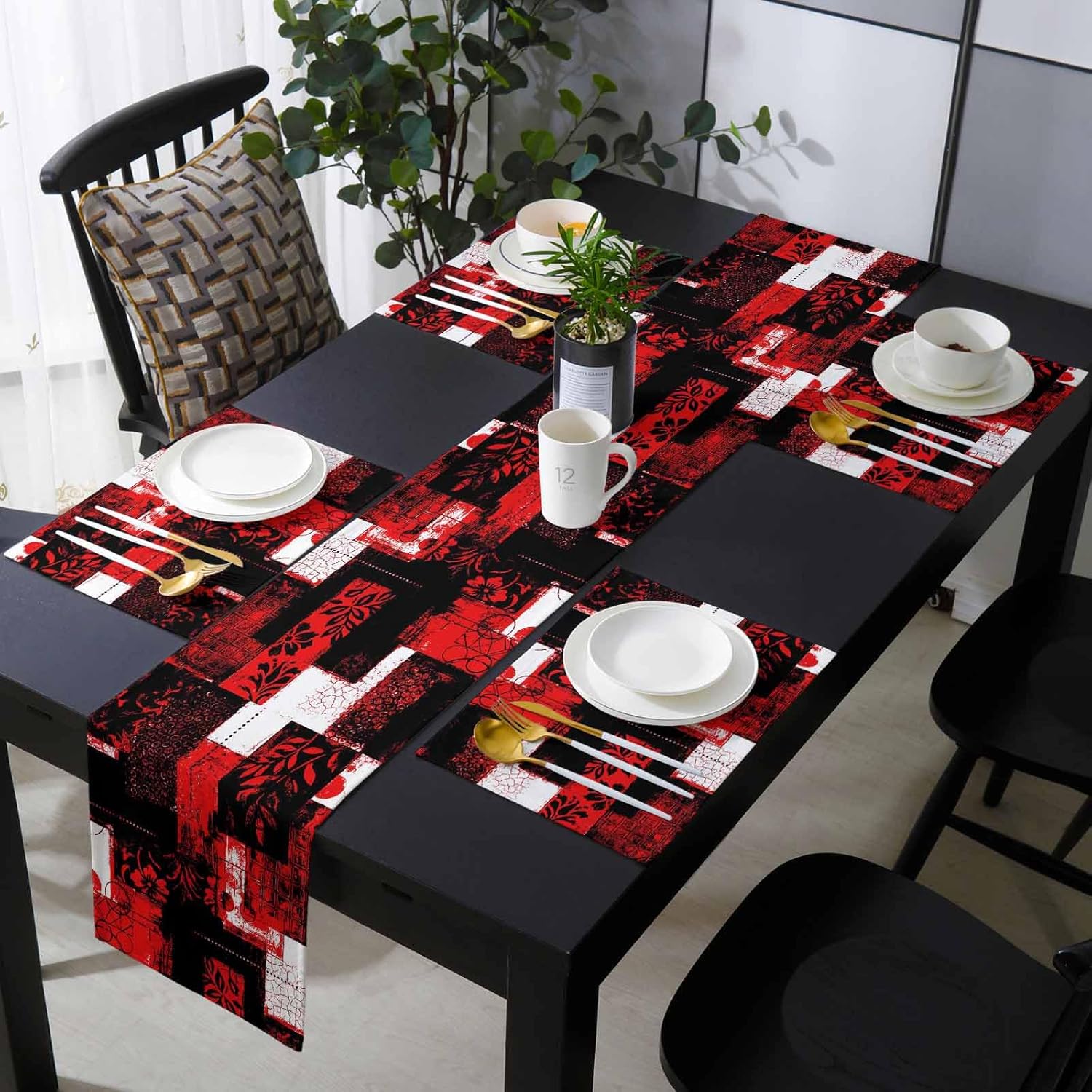 Red Black Table Runner and Placemats for Dining Table, Burlap Coffee Table Runner 72 Inch Long Modern Abstract Art Botanical Washable Table Mats for Kitchen Party Farmhouse Placemats Set of 6
