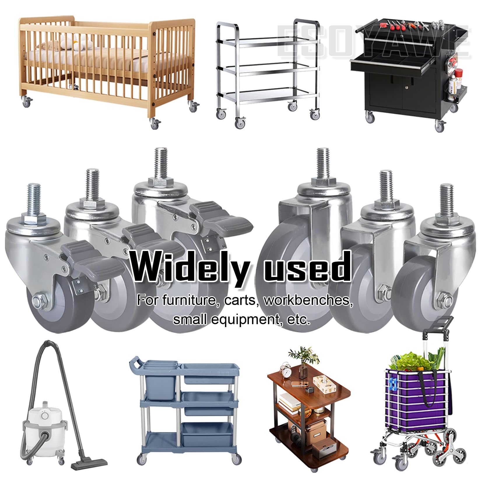 63mm 75mm 100mm Ruedas De Vástago Roscado M12 De Servicio Pesado Conjunto De 4, Silenciosa Ruedas Industriales De Transporte De Poliuretano, Ruedas Giratorias Para Muebles Con Freno(Swivel,100mm/4in)