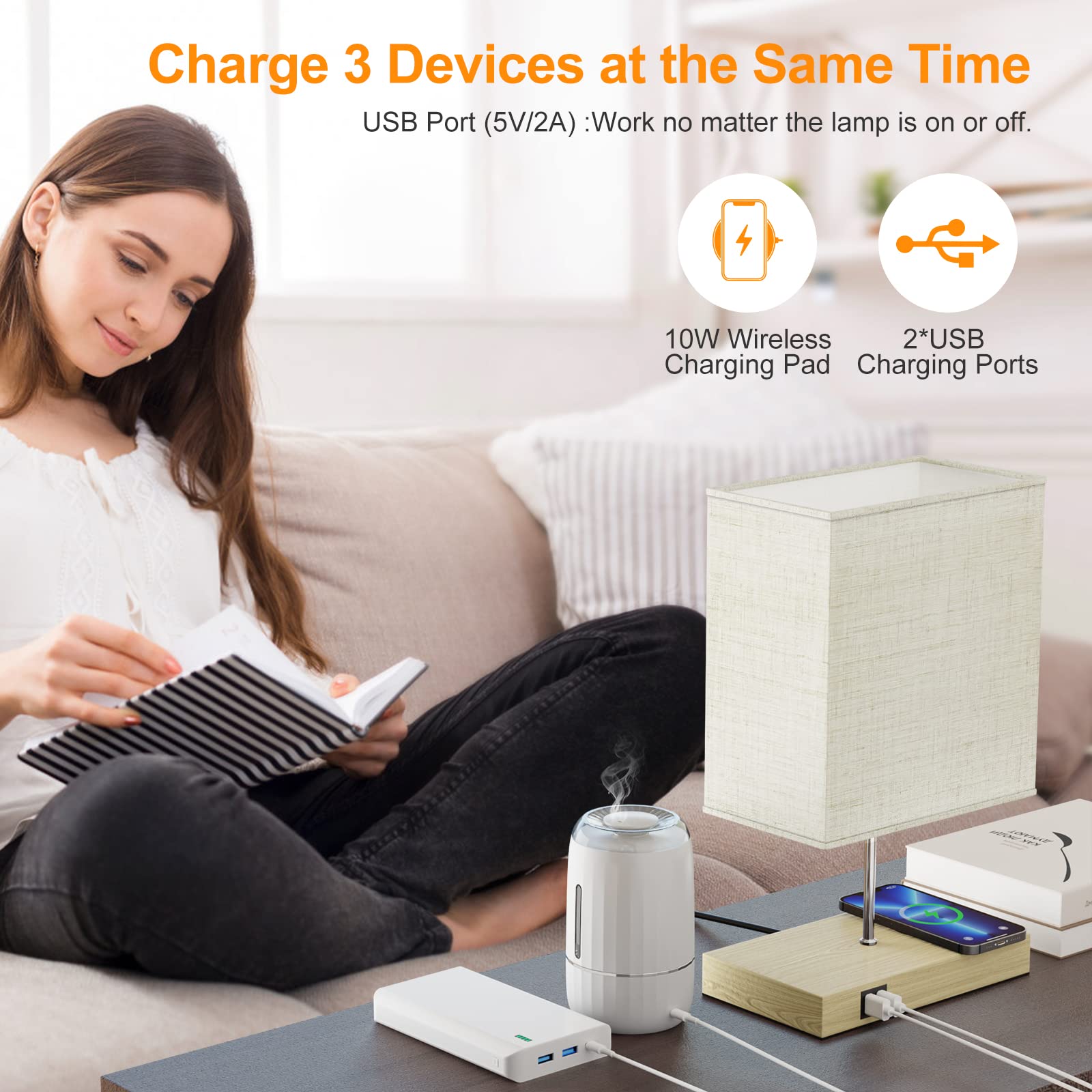 GLUROO Lampada da Comodino con Ricarica Wireless, 2 Porte USB, Controllo Touch abat jour ,Dimmerabile a 3 vie Lampada da Tavolo a LED per Lettura,Soggiorno,Ufficio