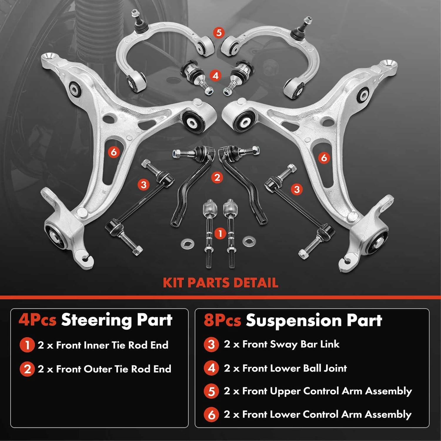 A-Premium Set of 12, Lower Upper Control Arm, Inner Outer Tie Rod End, Lower Ball Joint, Sway Bar Link, Compatible with Mercedes-Benz - 2006-2011 - GL320 GL350 GL450 GL550 & ML320 ML350 ML450 ML500