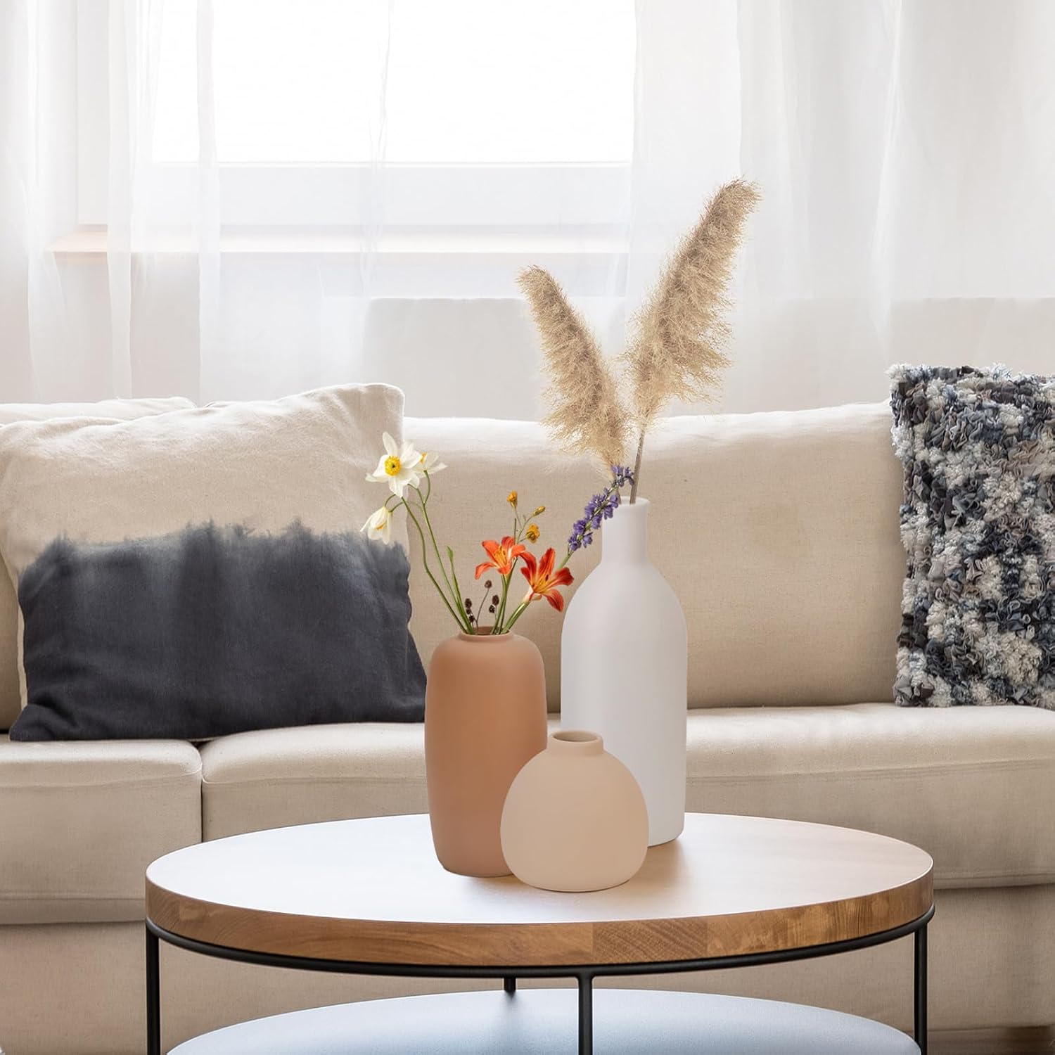 Ceramic Vase Set of 5, Rustic Farmhouse Flower Vases for Fresh & Dried Bouquets, Centerpiece for Table, Kitchen, Living Room, Bedroom, Bathroom Decor - Brown White