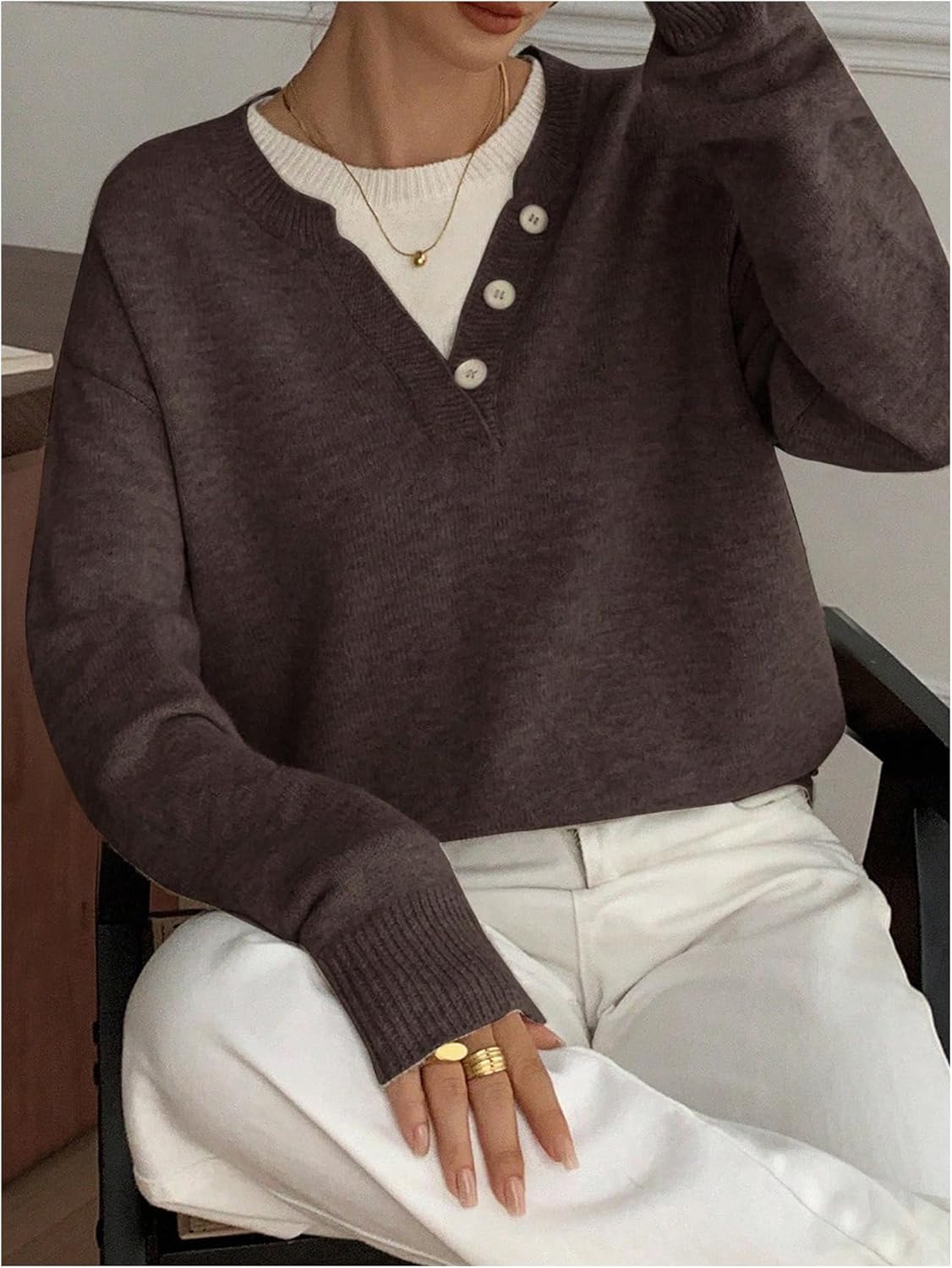 SOLY HUX Pullover Sweaters for Women Long Sleeve Button Crew Neck 2 in 1 Knitted Oversized Tops