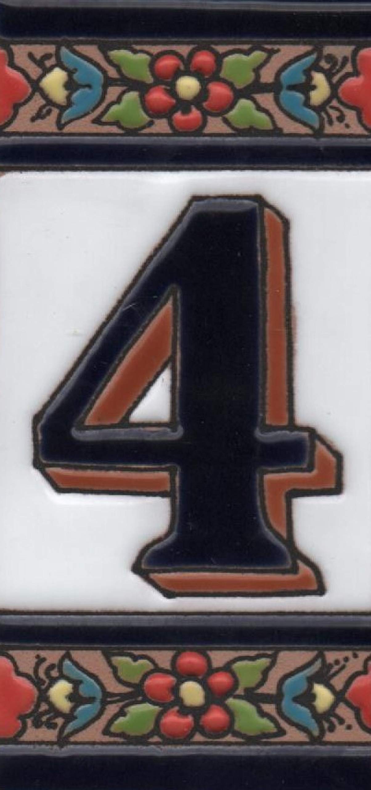 House Numbers Ceramic Numbers & Letters Tiles Red Blue & Green Floral Design Tile Size: 11cm x 5.5cm (Number 4)