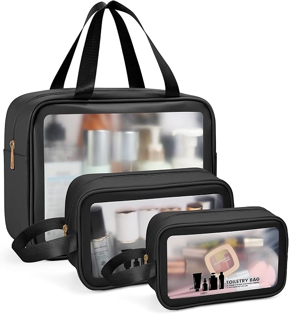 MAANGE Toiletry Bag 3 PCS Make up Bag Translucent PVC Waterproof Cosmetic Bag Travel Wash Bag with Zipper for Women Men(Black)