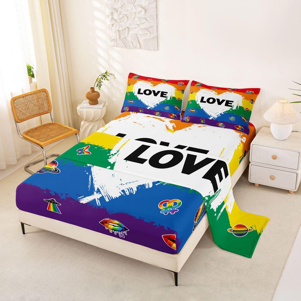 Homewish LGBT zestaw pościeli dumy podwójne geje lesbijki miłość prześcieradła kolorowe geometryczne paski pościel - tęczowe usta planeta prześcieradła zestaw 4 sztuk