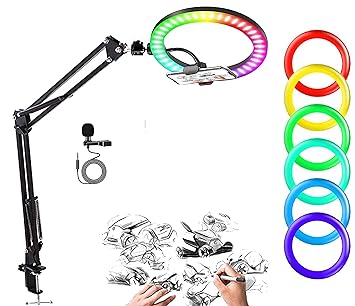 ADZOY Professional Combo of Ring Light, Overhead Suspension Arm Stand Metal Lapel Collar Microphone (10_Inch_RGB_Mic)