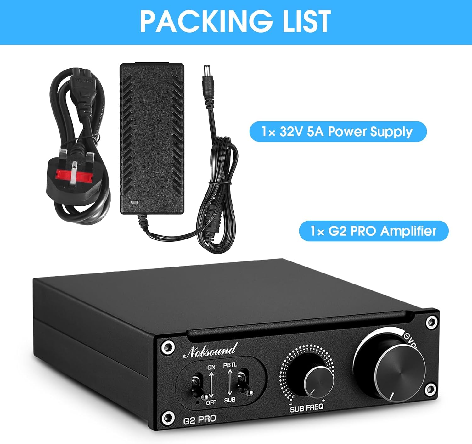 Packing list for Nobsound G2 PRO showing amplificador i font d'alimentació