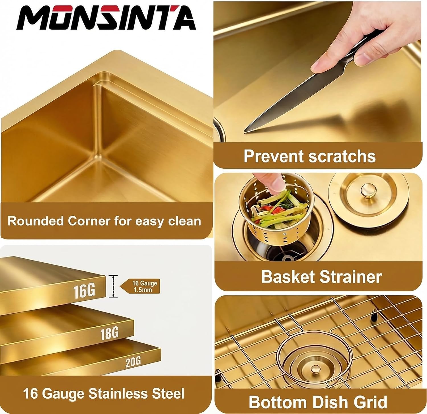 Gold Kitchen Sink, 33" x 22" Drop In Kitchen Sink,16 Gauge Stainless Steel All In One Workstation Sink with Ledge & Accessories, 33" x 22" x 10" Large and Deep Top Mount Kitchen Sinks