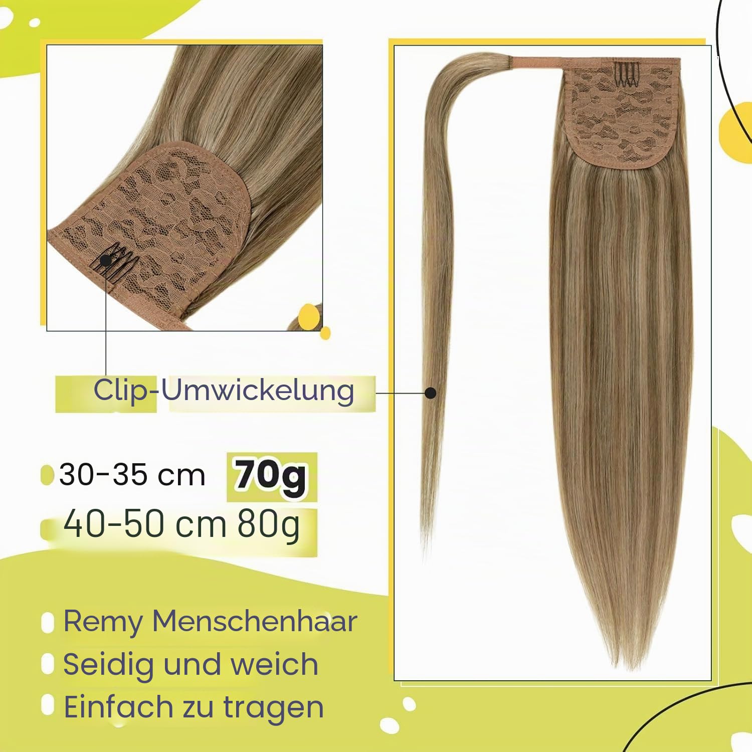 RUNATURE Echthaar Zopf Braun Blond 55cm 80g #10P16 | Echthaar Ponytail Extensions–hitzebeständig, langlebig, geschmeidig. Remy Haar, kein Haarausfall, extra lang mit Melange.
