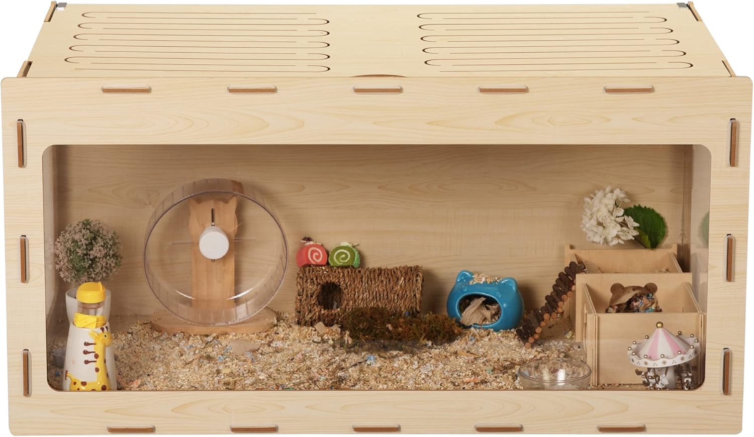 Wooden Hamster Cage Large Animal Cage Acrylic Transparent Board, Light Habitat with Openable Top for Hamster, Rabbits, Guinea Pigs, Chinchillas, 31.5" L x 16.14" W x 15.75" H, Natural