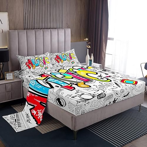Juego de sábanas de graffiti hippie para niños y niñas, juego de ropa de cama de música hip hop, juego de sábanas con temática musical, decoración
