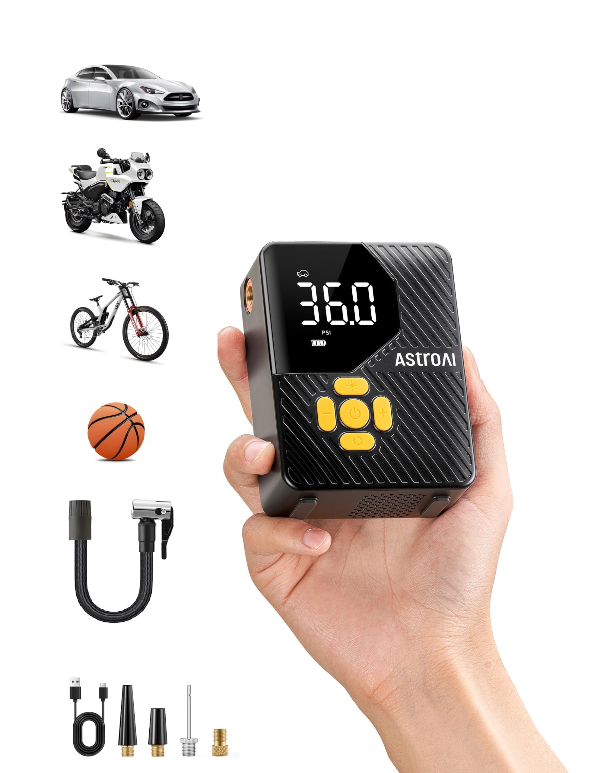AstroAI Car Tyre Inflator Air Compressor, Rechargeable Portable Electric Bike Pump 150 PSI with 4+N Mode Preset, Quick Connect Presta and Schrader Adapter Tyre Pump for Car Bike Motorcycle