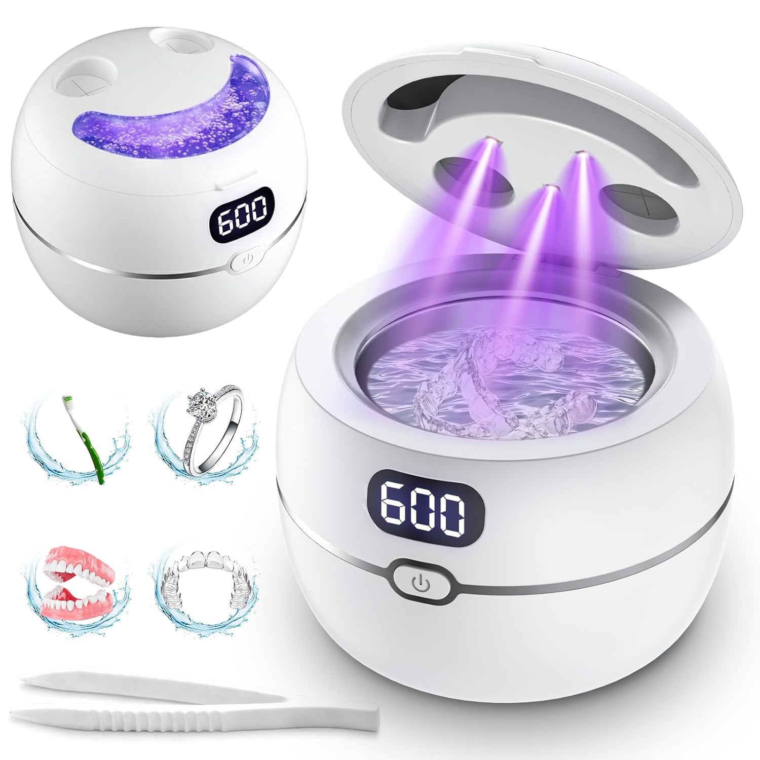Ultrasonic Retainer Cleaner Machine for Dentures, Mouth Guards, Braces, Toothbrush Heads, Jewelry, 220ML Capacity Ultrasonic Cleaner with Digital Timer&UV, 2 Modes for All Dental Appliances, White