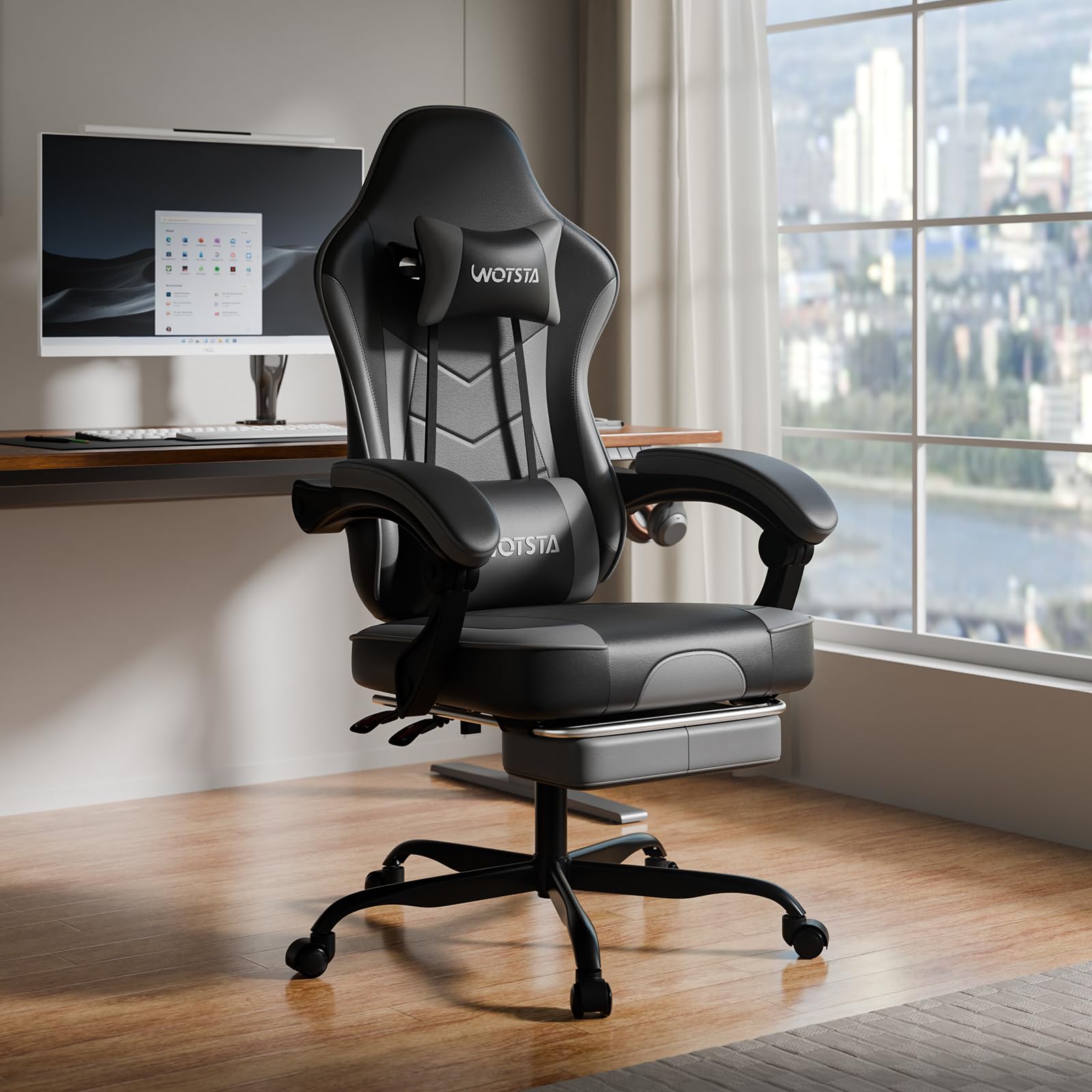 Gaming Chair Computerstuhl Ergonomischer Gaming Stuhl mit Fußstütze Bürostuhl Ergonomischer Computerstuhl mit Lendenwirbelstütze Dunkelgrau