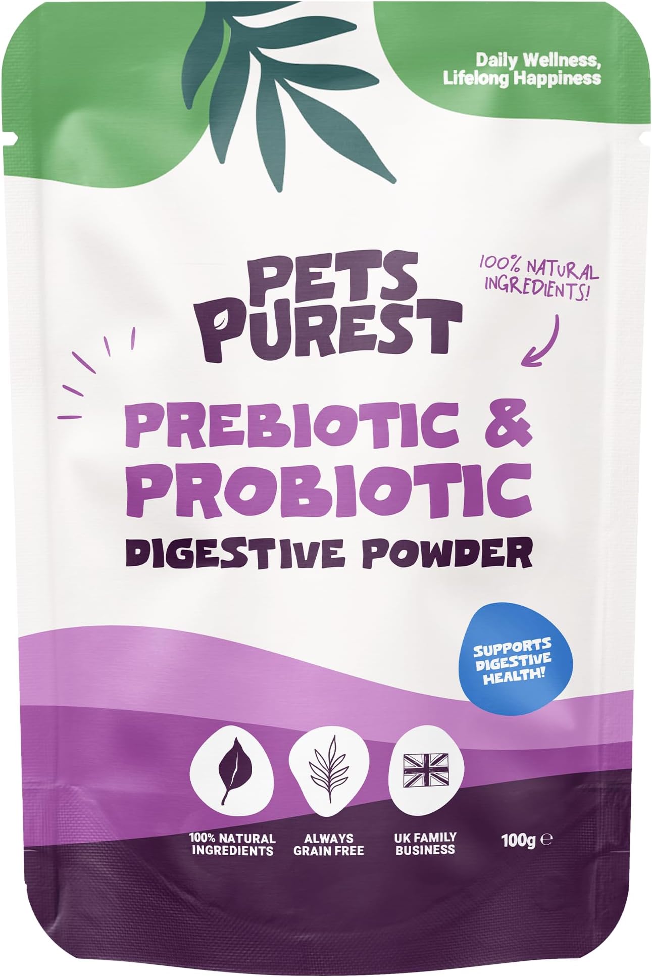 Pets Purest Digestive Prebiotic Probiotic for Dogs, Cats & Pet - 100% Natural Fibre Digestion Enzymes Immune Support Supplement for Gut Health and Healthy Stools
