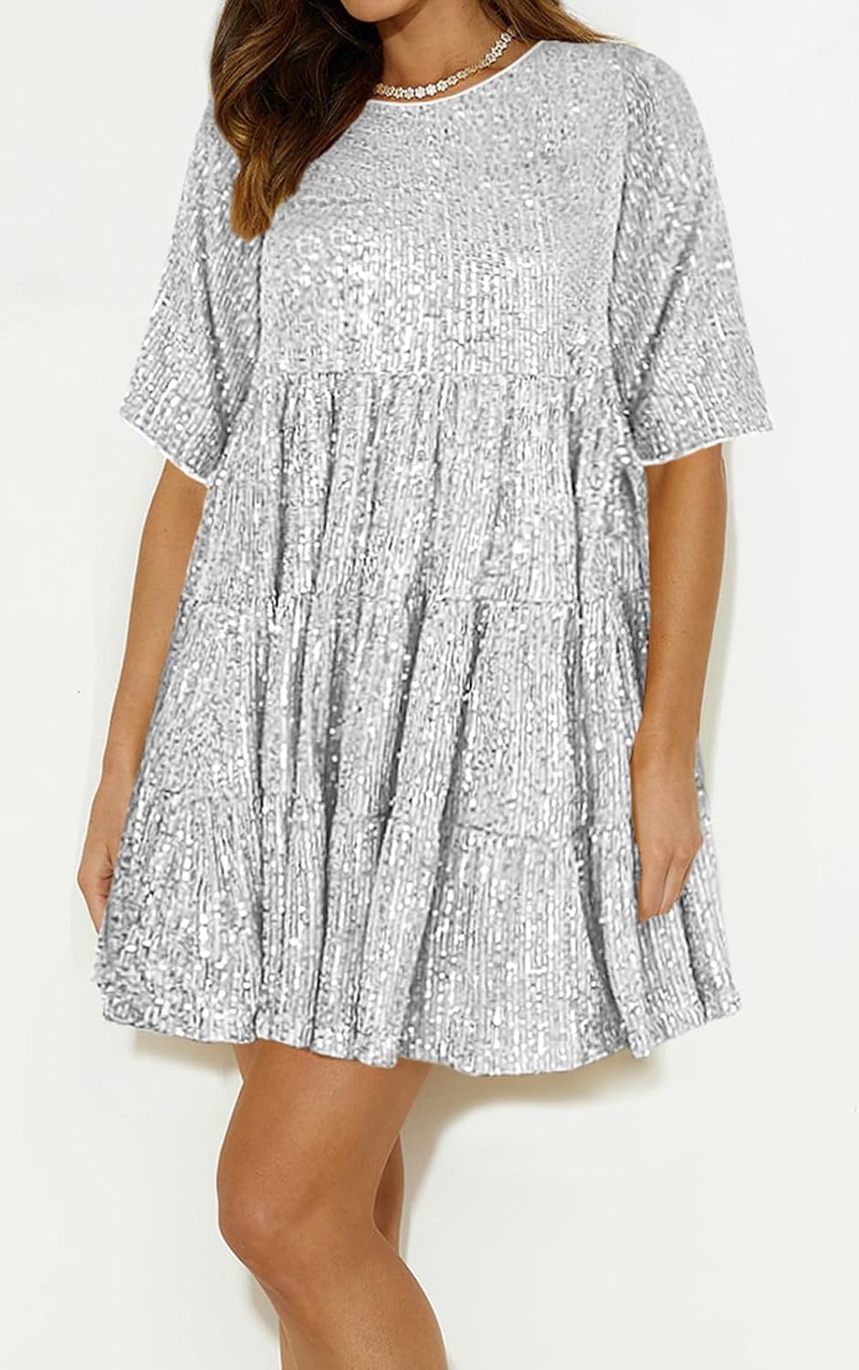 Womens Summer Babydoll Sequin Dress Sparkly Glitter Short Flowy Tiered Shift Dress for Cocktail Party Club