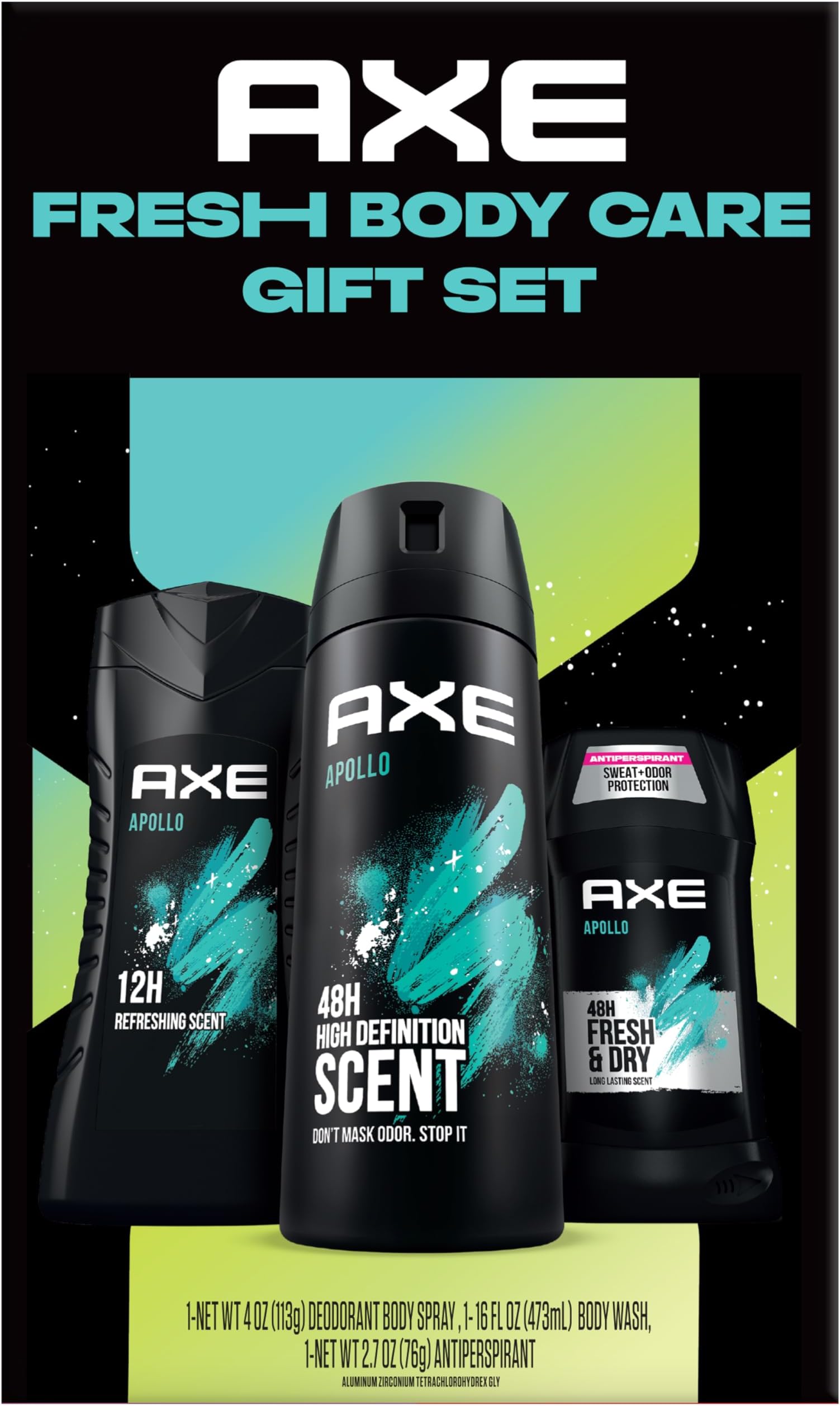 Apollo Body Care Gift Set โ Menโs Body Wash, Body Spray & Deodorant Set, Sage and Cedarwood (3 Piece Set)