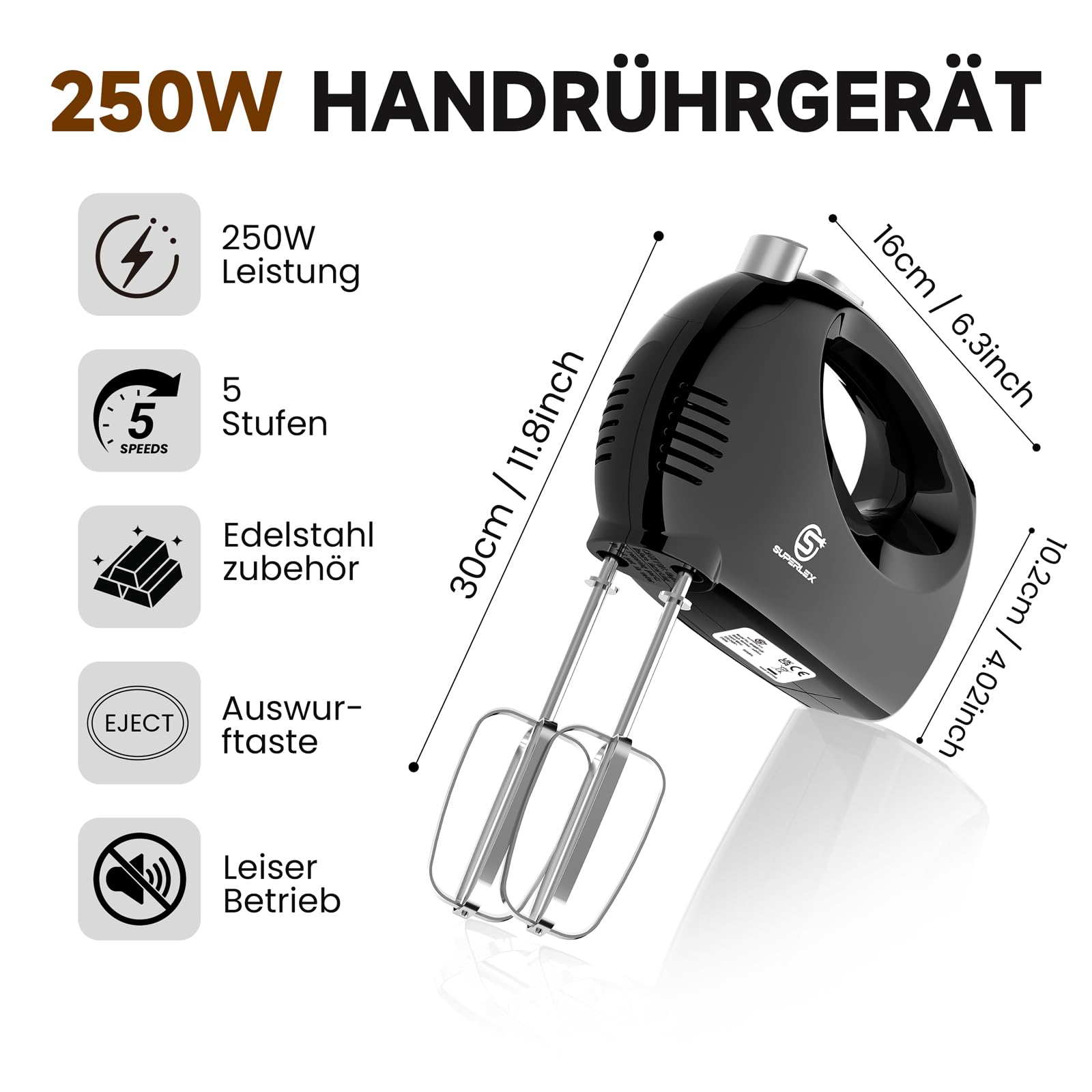 Mikser ręczny 250 W, 5 prędkości, z 2 trzepaczkami ze stali nierdzewnej, ergonomiczny uchwyt, przycisk wyrzutu, elektryczny mikser kuchenny do ciasta, śmietany, kremów, ciast