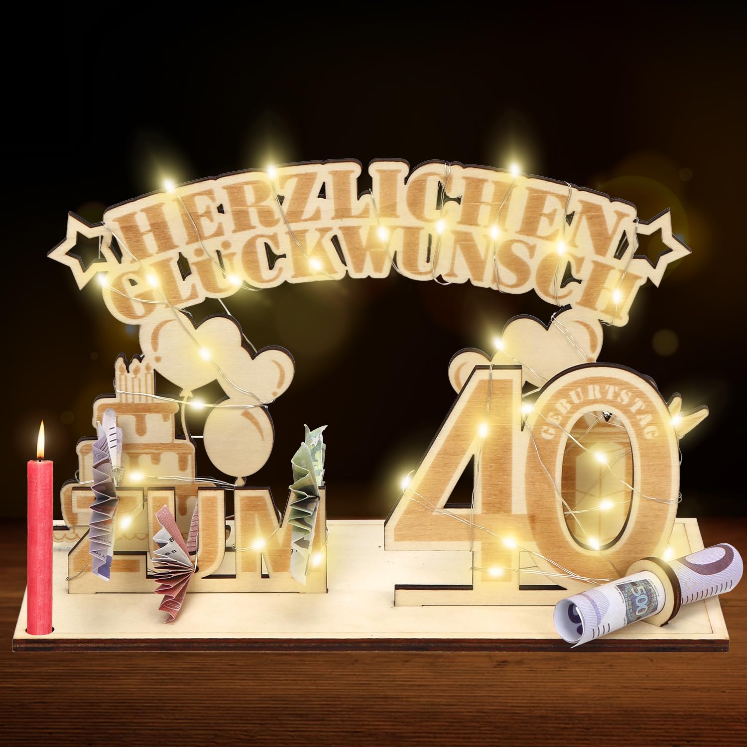 Geldgeschenke 40 geburtstag,40.Geschenke Dekoration mit LED Lichterkette,Geschenke aus Holz zum 40 Geburtstag Mann Frau，Geldgeschenke geburtstag holz，Geburtstag Dekoration für Männer und Frauen