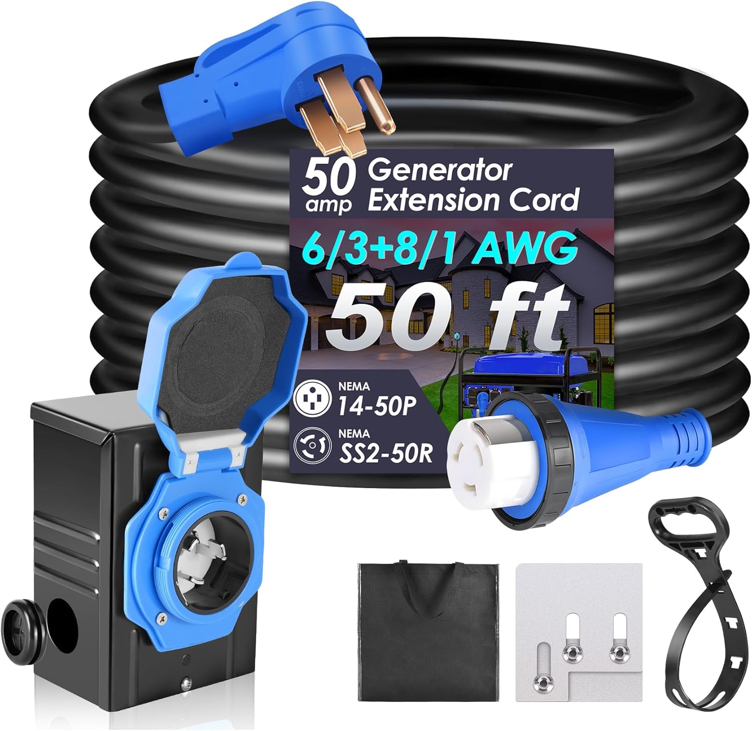 Seeutek 50 Amp Generator Cord, 4 Prong 50 FT Generator Extension Cord with Pre-drilled Power Inlet Box & Interlock Kit, NEMA 14-50P/SS2-50P Functional Cable, High Conductivity, ETL Listed 50ft 50 AMP (Blue Plug)