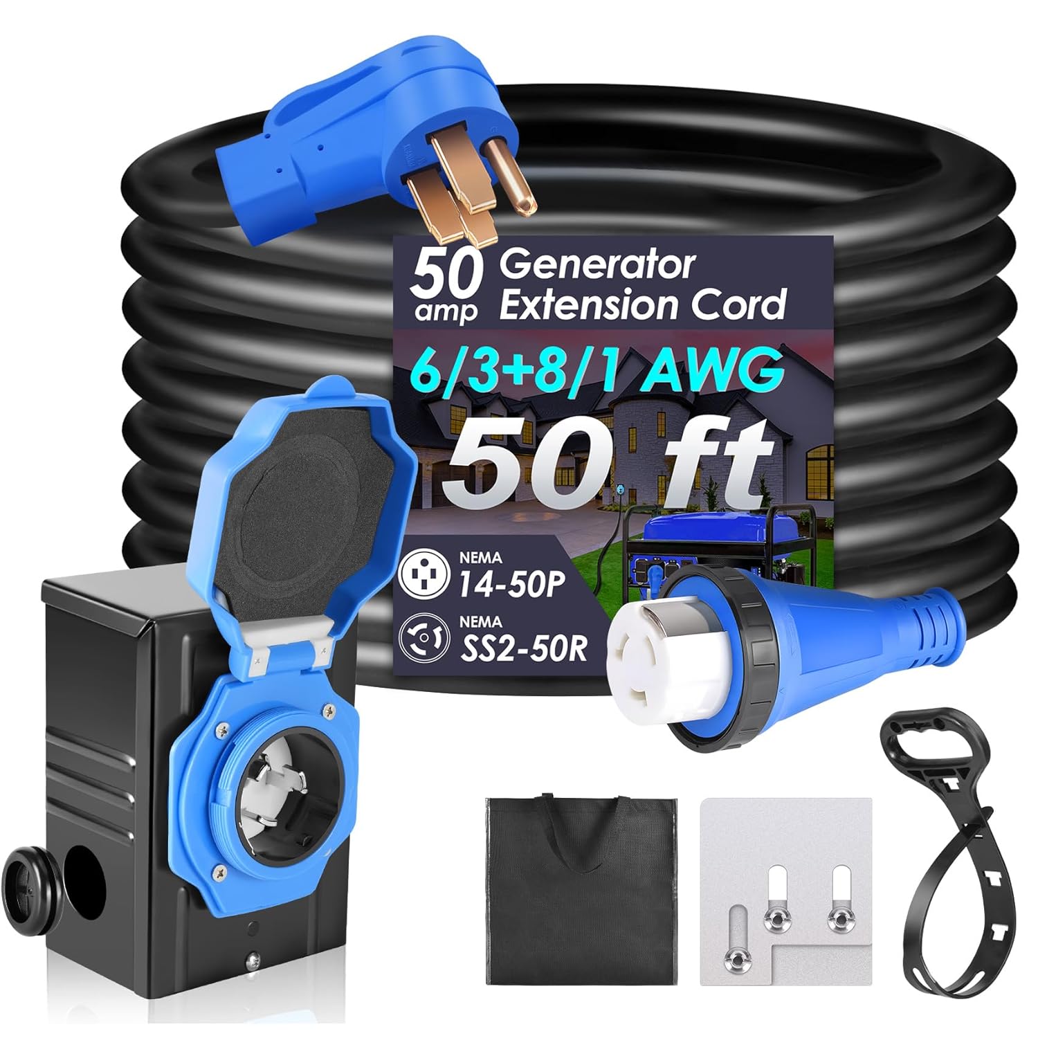 seeutek 50 amp generator cord, 4 prong 50 ft generator extension cord with pre-drilled power inlet box & interlock kit, nema 14-50p/ss2-50p functional cable, high conductivity, etl listed 50ft black+blue 50amp