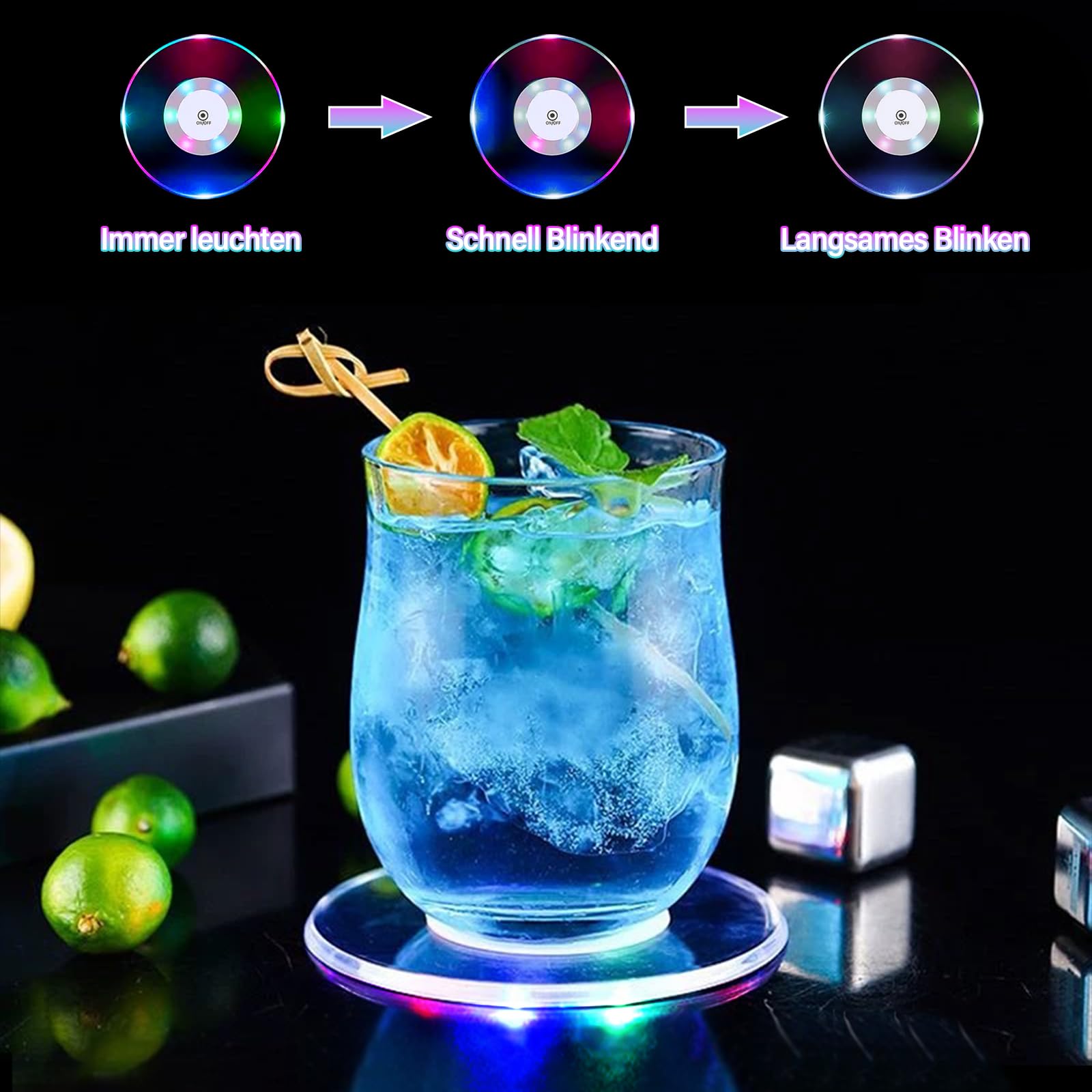 WIYETY 8 stuks led-onderzetters: 10 cm, ronde acryl-onderzetters, waterdicht, met 7 kleurmodi en aan/uit-knop, led-onderzetters voor glazen, flessen, feesten, bruiloften, bar, Kerstmis (vierkant