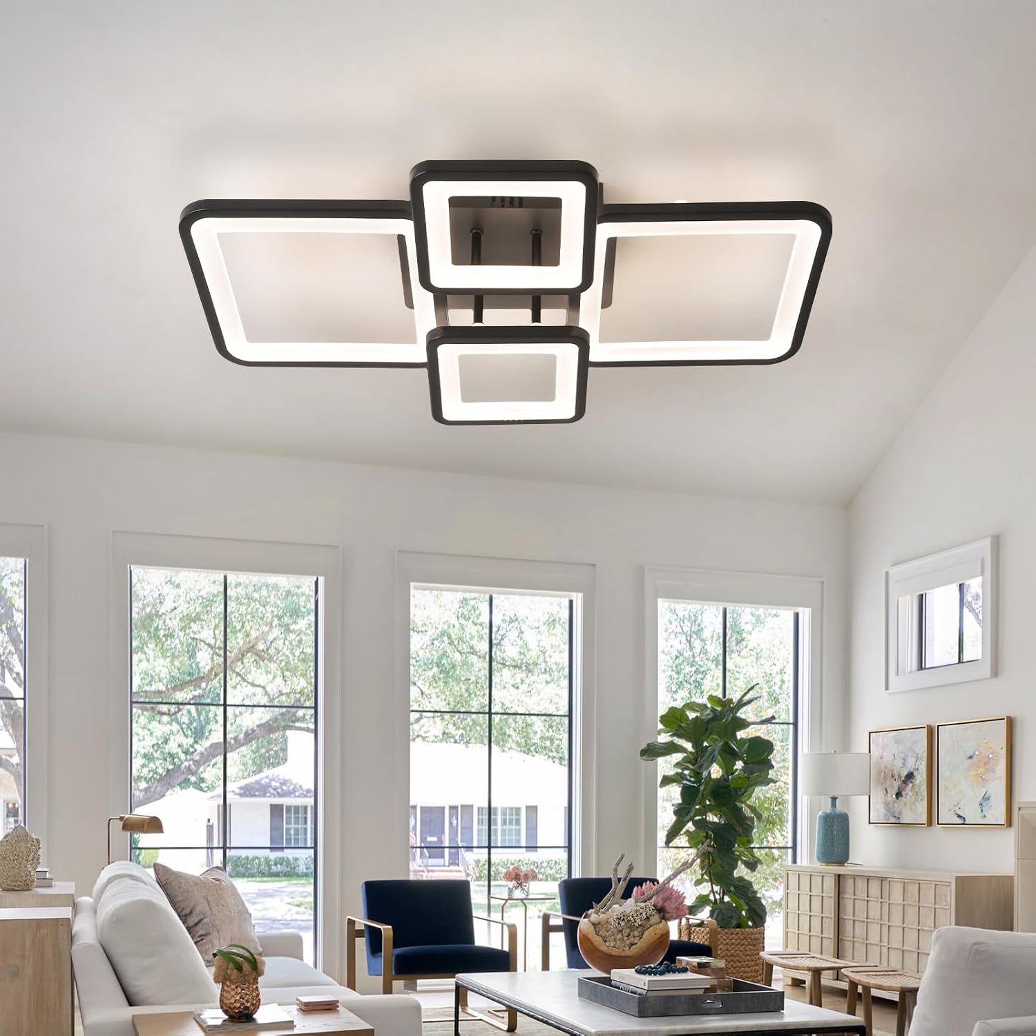 Modern Ceiling Lights 24" 42W, Dimmable Kitchen Lighting Fixtures Ceiling, 3000-6500K Light Fixture Ceiling Mount with Remote Control, Black Square LED Ceiling Light for Bedroom