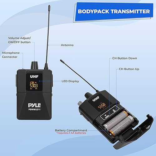 Miniatura 3 de Pyle Pyle PDWMU211 - Sistema de micrófono dual UHF inalámbrico profesional portátil con auriculares/micrófono de solapa, transmisor de cinturón,