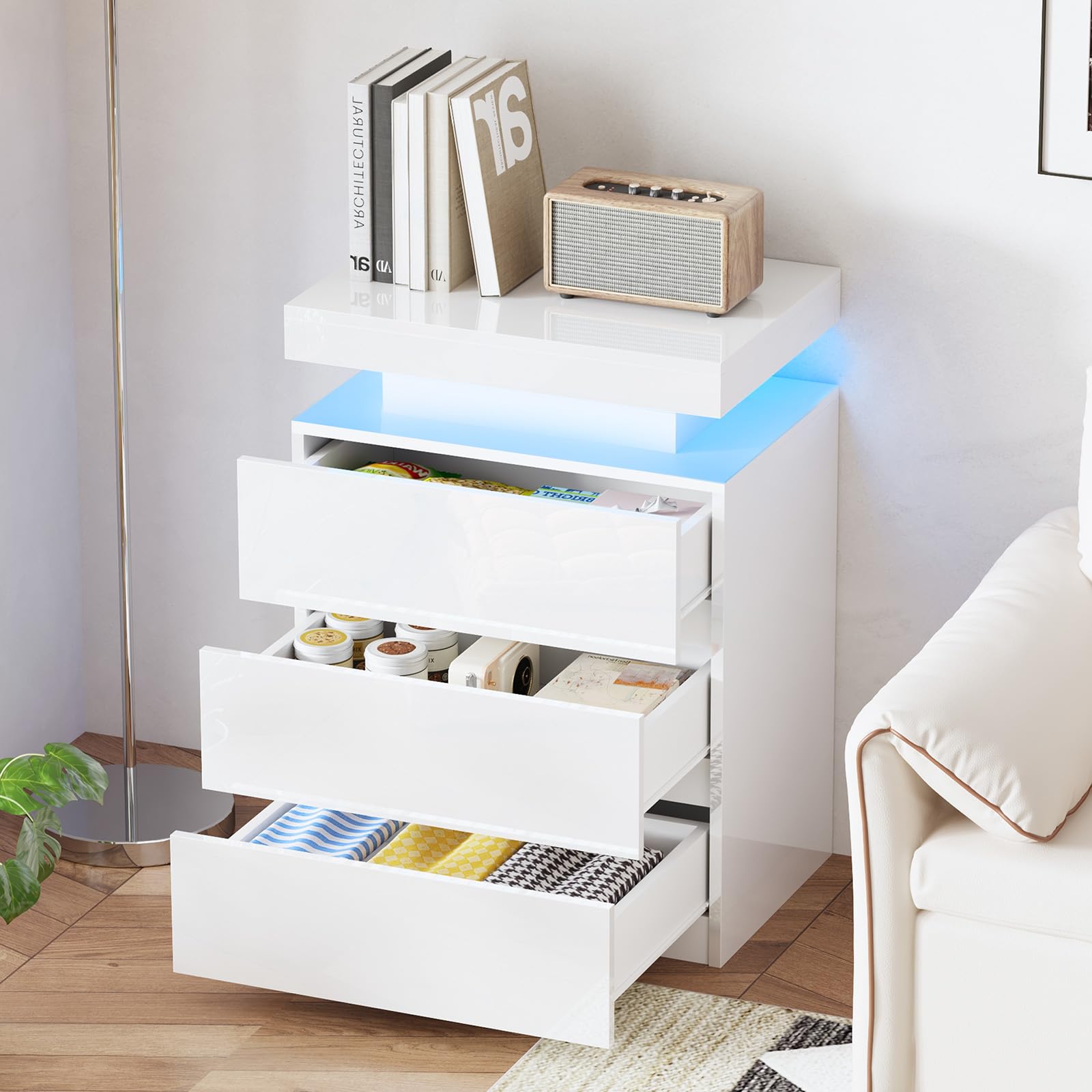 TRIOBLADE 3 Drawer Chest of Drawers and 1 Top White High Gloss Dresser for Bedroom with Large Chest of Drawers Wide Storage Cabinet Multicolor LED Lights for Bedroom Furniture Living Room 54x38x75cm