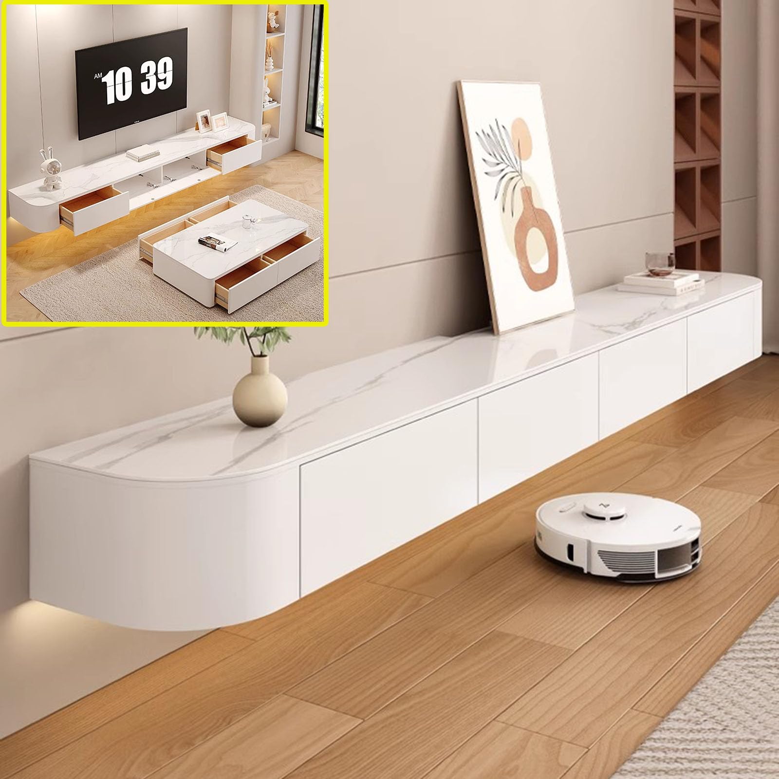 LXDXIOY Floating TV Stand Large Floating TV Shelves Wall Mounted Multi Storage Compartment TV Media Console Floating TV Cabinet Bench Under TV Storage