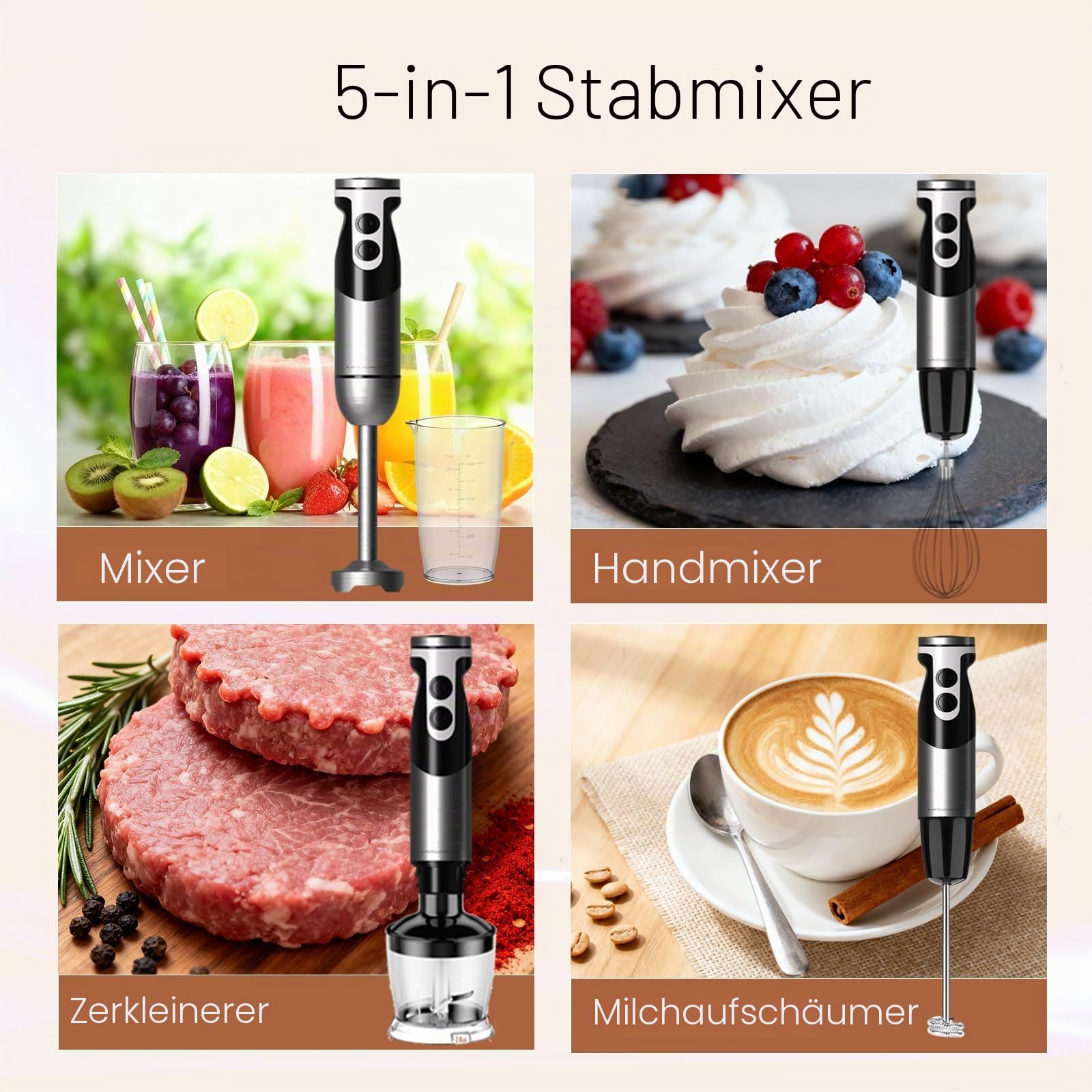MegaWise Pro Titanverstärkter 5-in-1-Stabmixer, leistungsstarke 400 W mit 80% schärferen Klingen, kabelgebundener Mixer mit 12 Geschwindigkeiten (schwarz)