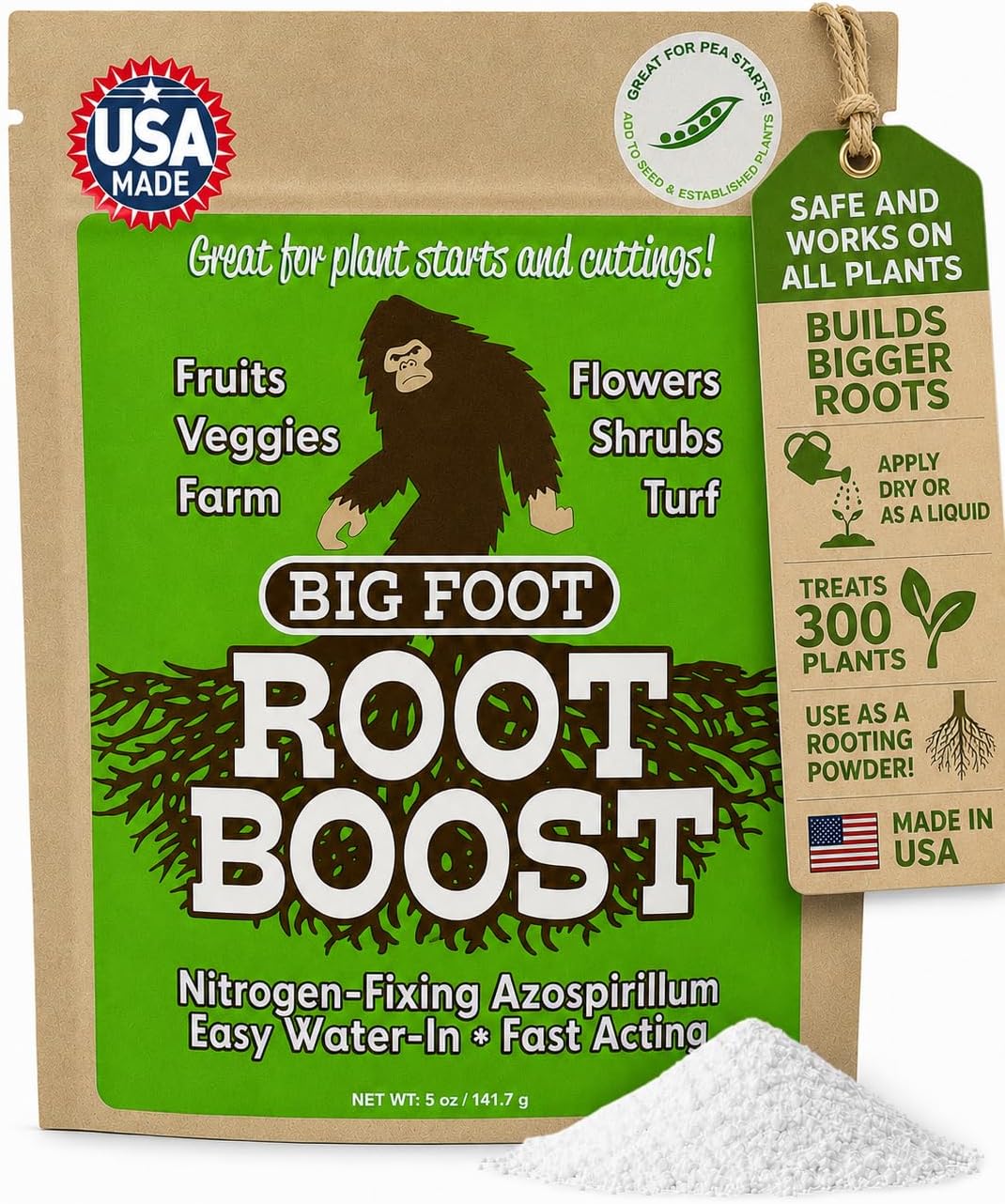 Big Foot Probiotic Root Boost Water Soluble Powder for Established Plants and Transplants - Grow Root Size, Increase Nitrogen, Grow New Plants from Cuttings, Pea Inoculant - 5 Ounces