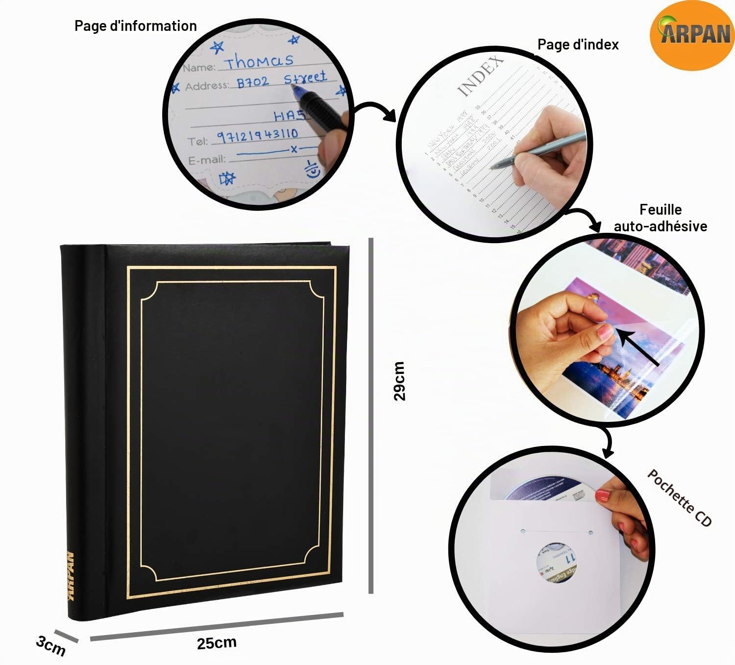 Arpan Lot de 3 grands albums photo autoadhésifs, 60 feuilles, 120 pages, Noir