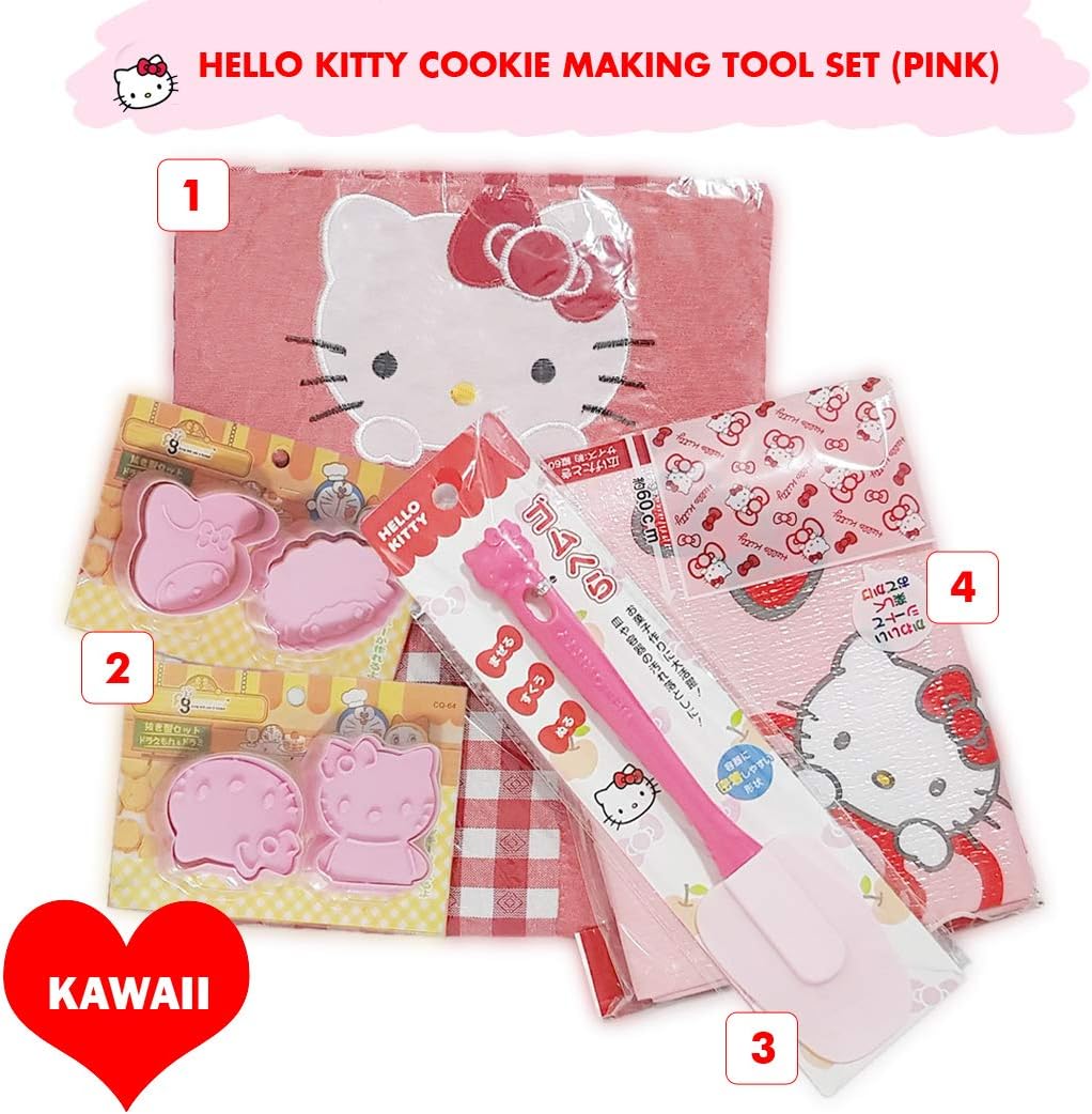 Sanrio Japan Hello Kitty Cookie Biscuit Making Tool Bundle Set - 2x Sanrio Character Small Cookie Stamp Cutter Set, Hello Kitty Red Apron, Picnic Mat & Pink Spatula