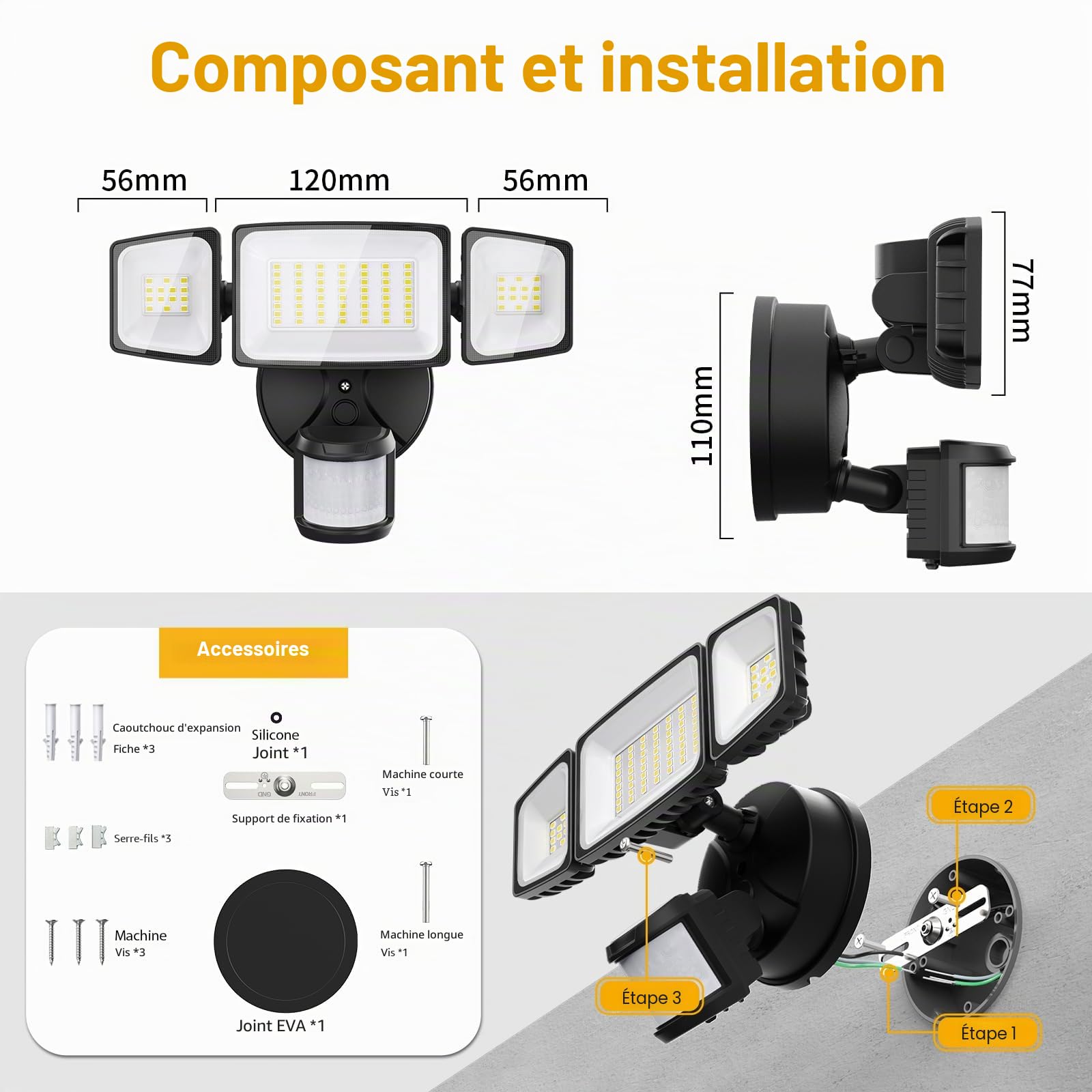 Onforu 42W Projecteur LED Détecteur de Movement, IP65 Etanche Spot Lampe 3 Tête, 6500 K Blanc Froid Éclairage de Sécurité Extérieur PIR pour Jardin, Cour, Entrée, Terrace