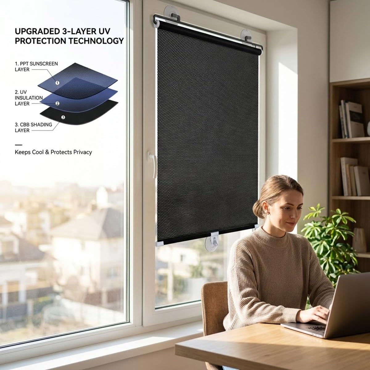 Tende Oscurante a Rullo con Ventose Senza Fori, Parasole da Interno Termico per Finestra, Balcone, Ufficio e Auto, Tapparella Portatile, Nera, Protezione UV(23"Wx64"H)