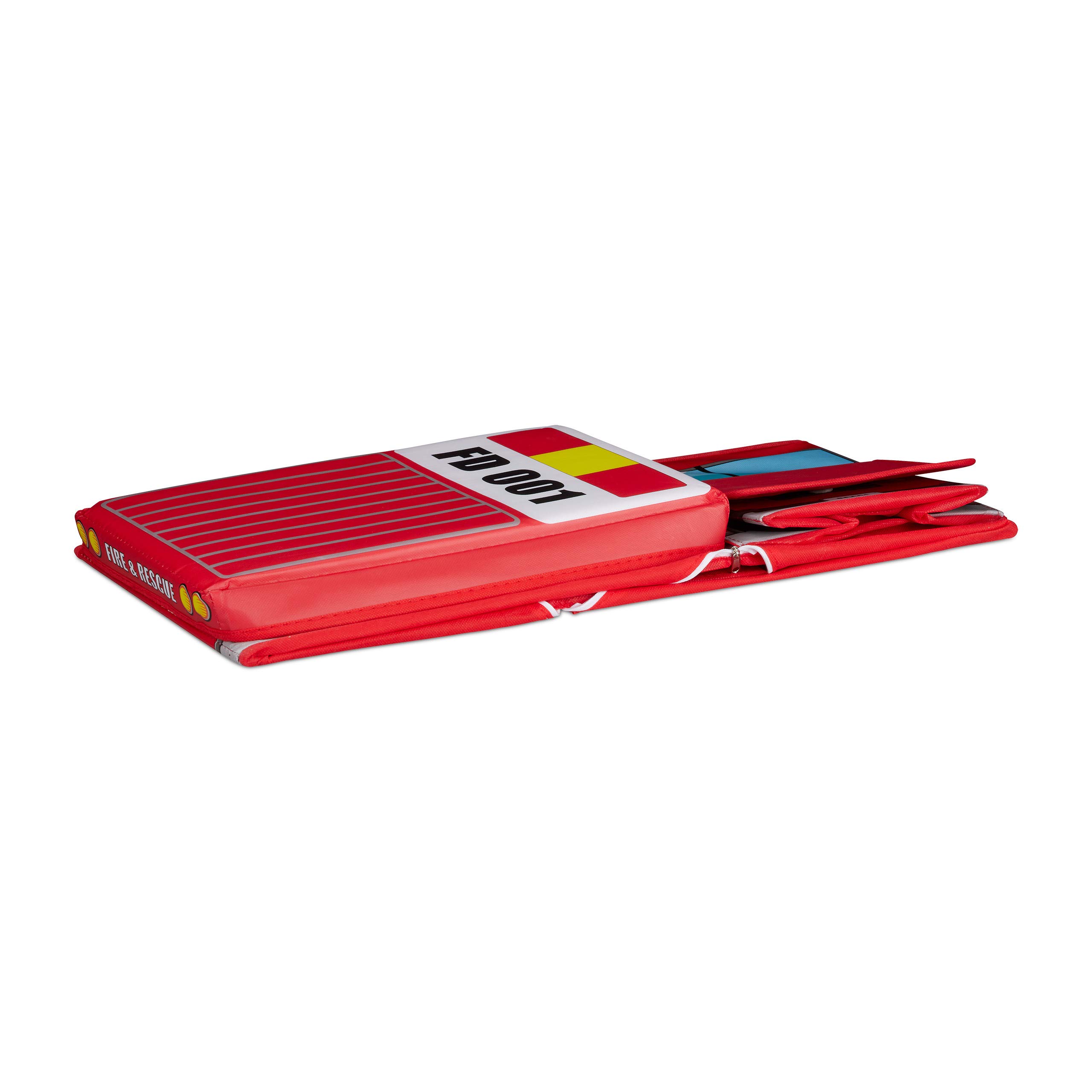 Relaxdays Sgabello Bambini Contenitore Giocattoli con Scomparto, Pieghevole, Camioncino Vigili del Fuoco 50 l Rosso