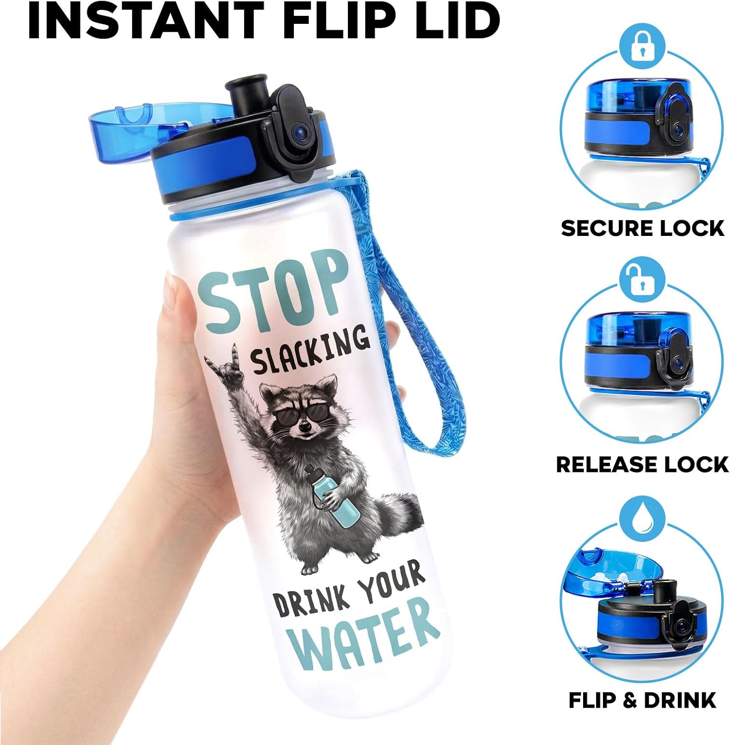 Raccoon Hydration Water Bottle 32oz – Funny Raccoon Stop Slacking Drink Your Water with Time Marker, Cute Animal Meme Gift for Raccoon Lovers image 4
