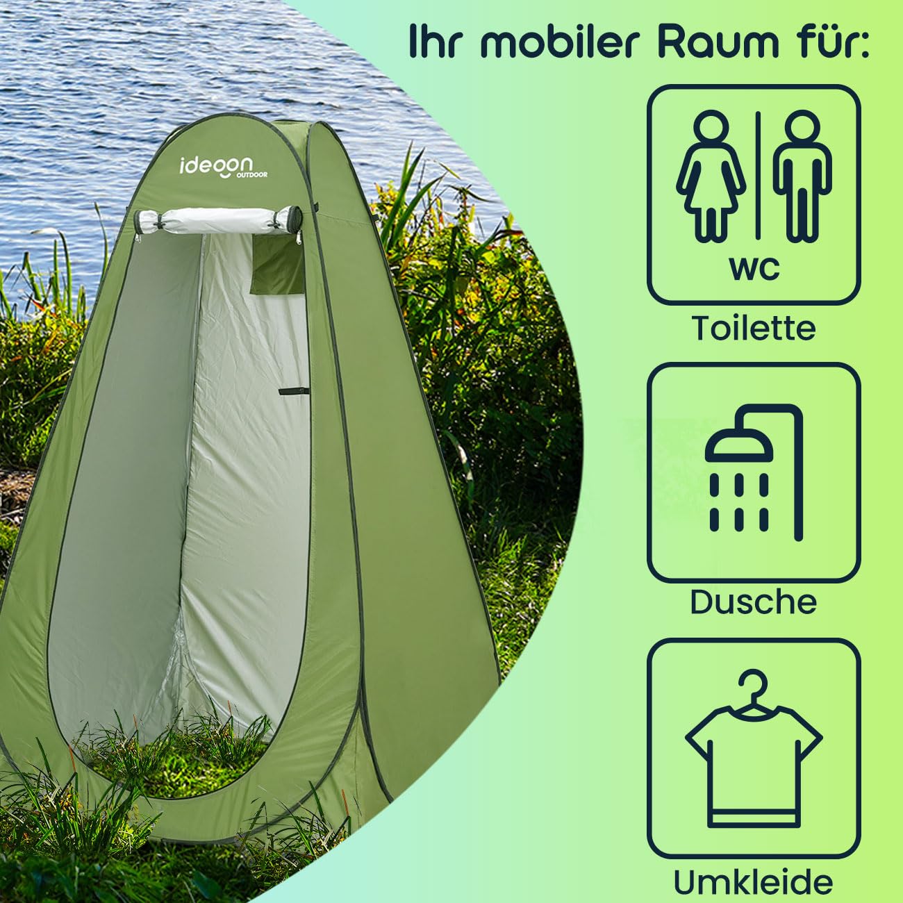 ideoon Pop-Up Toilettenzelt - Duschzelt & Umkleidezelt für Camping, Strand & Outdoor, tragbares Sichtschutzzelt grün, schneller Aufbau