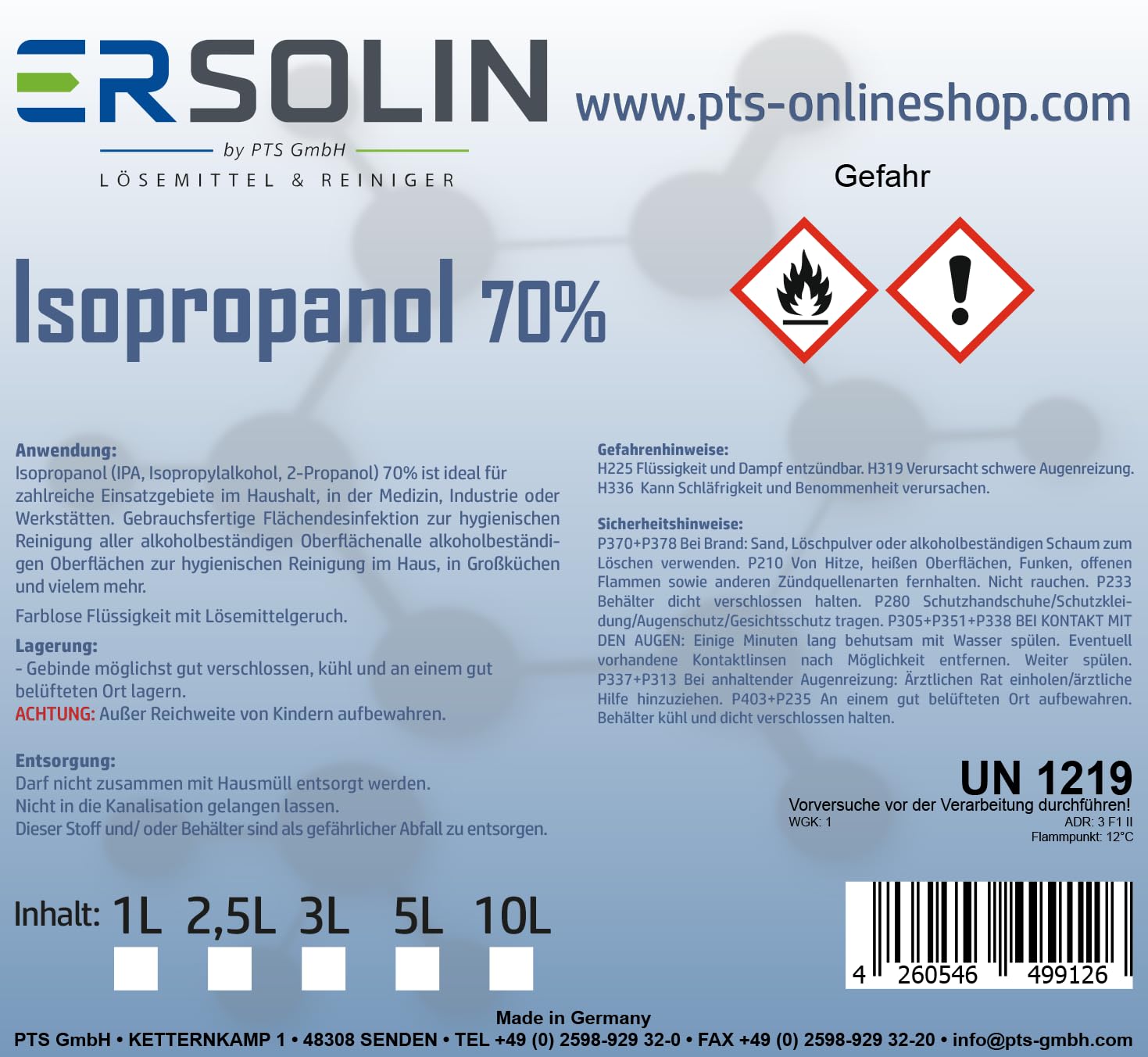 Isopropanol 70% (IPA, Isopropylalkohol, 2-Propanol) 2 x 5 Liter (10 Liter) Kanister