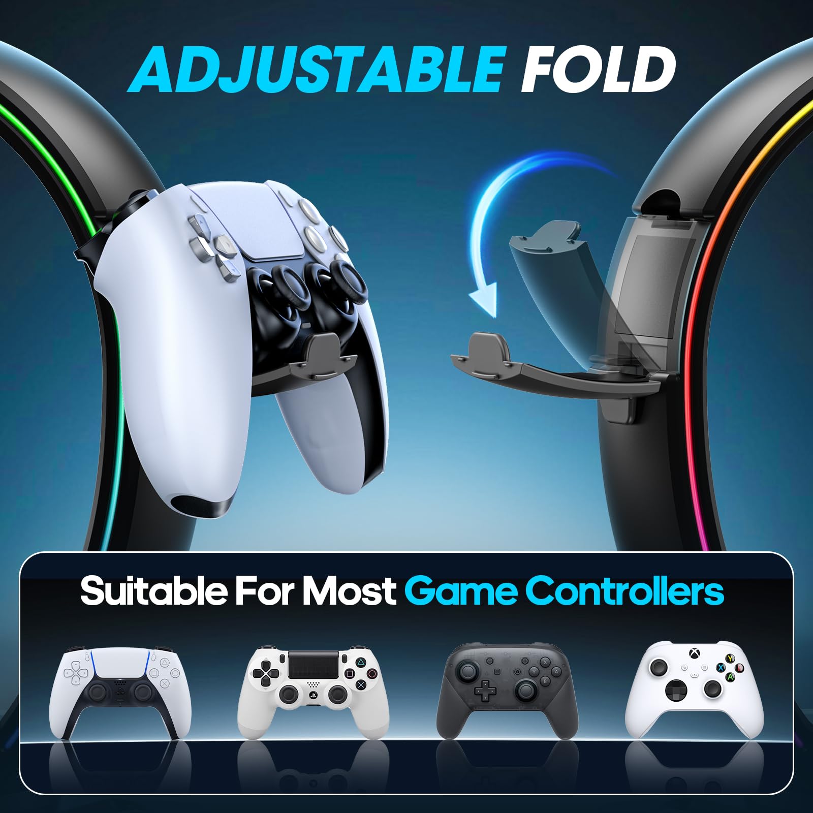 Supporto RGB per cuffie e controller con 9 modalità di illuminazione, gancio pieghevole per controller da scrivania, supporto per auricolari con organizer per cavi, per gamer, accessori